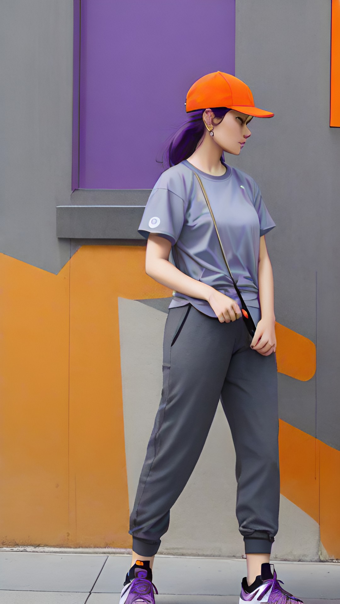 woman with purple hair wearing a orange cap, gray shirt, gray pants preview