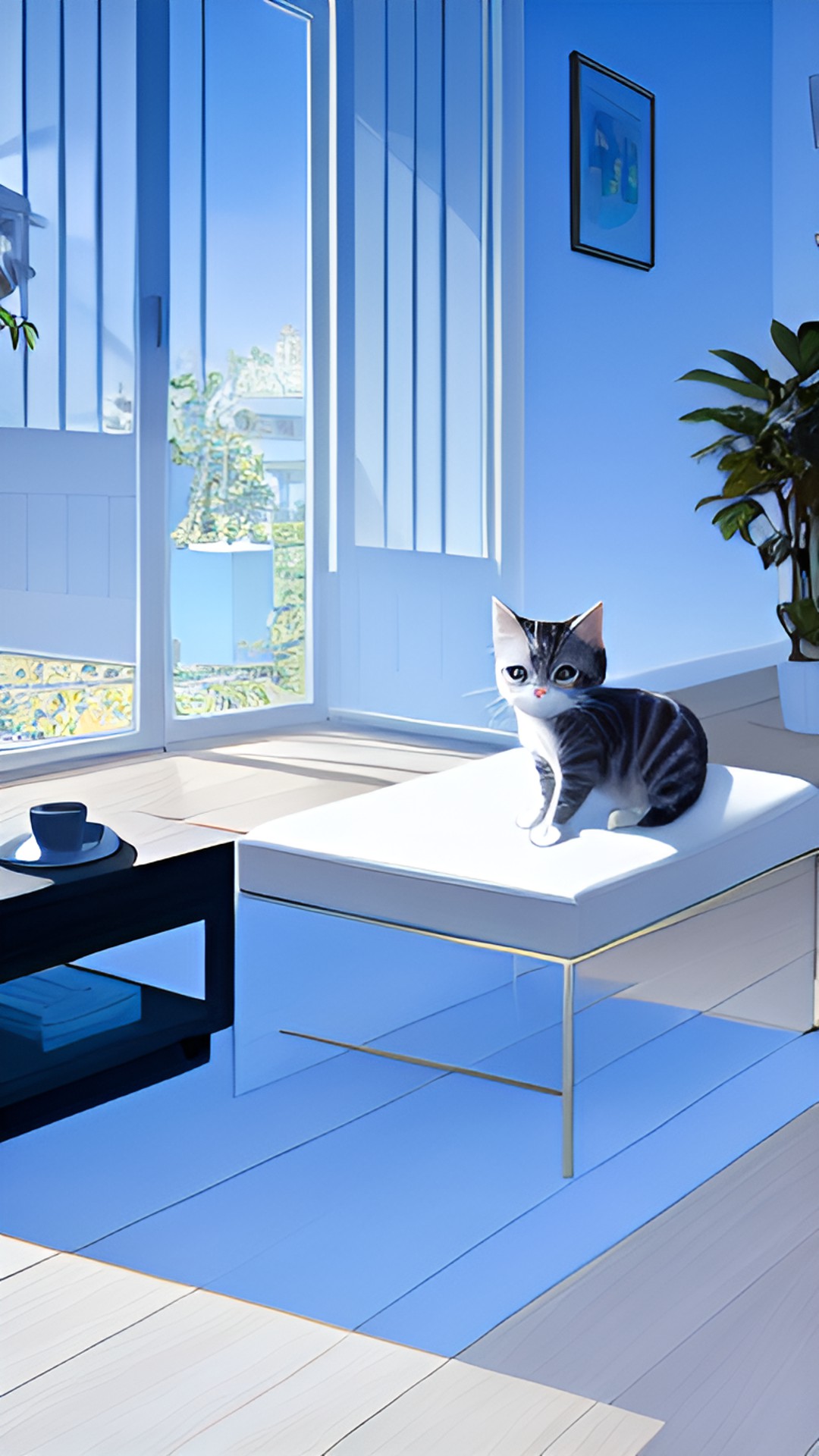 a light gray kitten on a white ottoman in a sunny room with light parquet and white walls preview