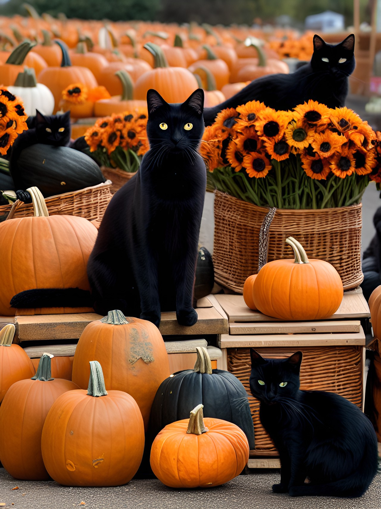 black cat among mixed harvest pumpkins at an open market preview