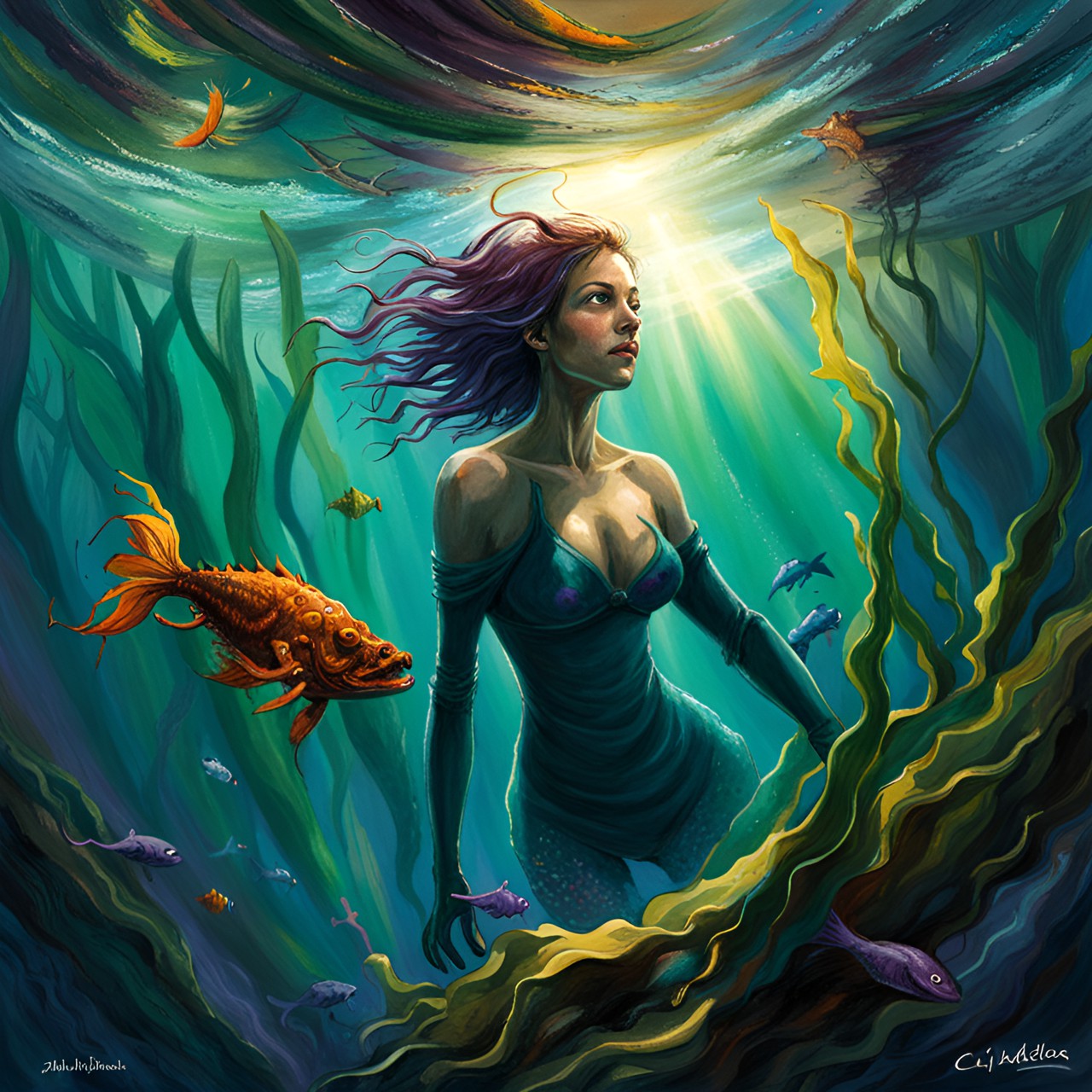 a woman swimming through kelp, underwater, green algae, fishes, sun shines through the water, blue water preview