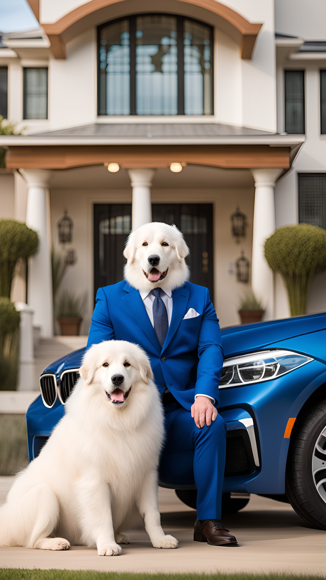 ha. - great pyrenees dog in a blue business suit next to his bmw in front of his mansion. preview