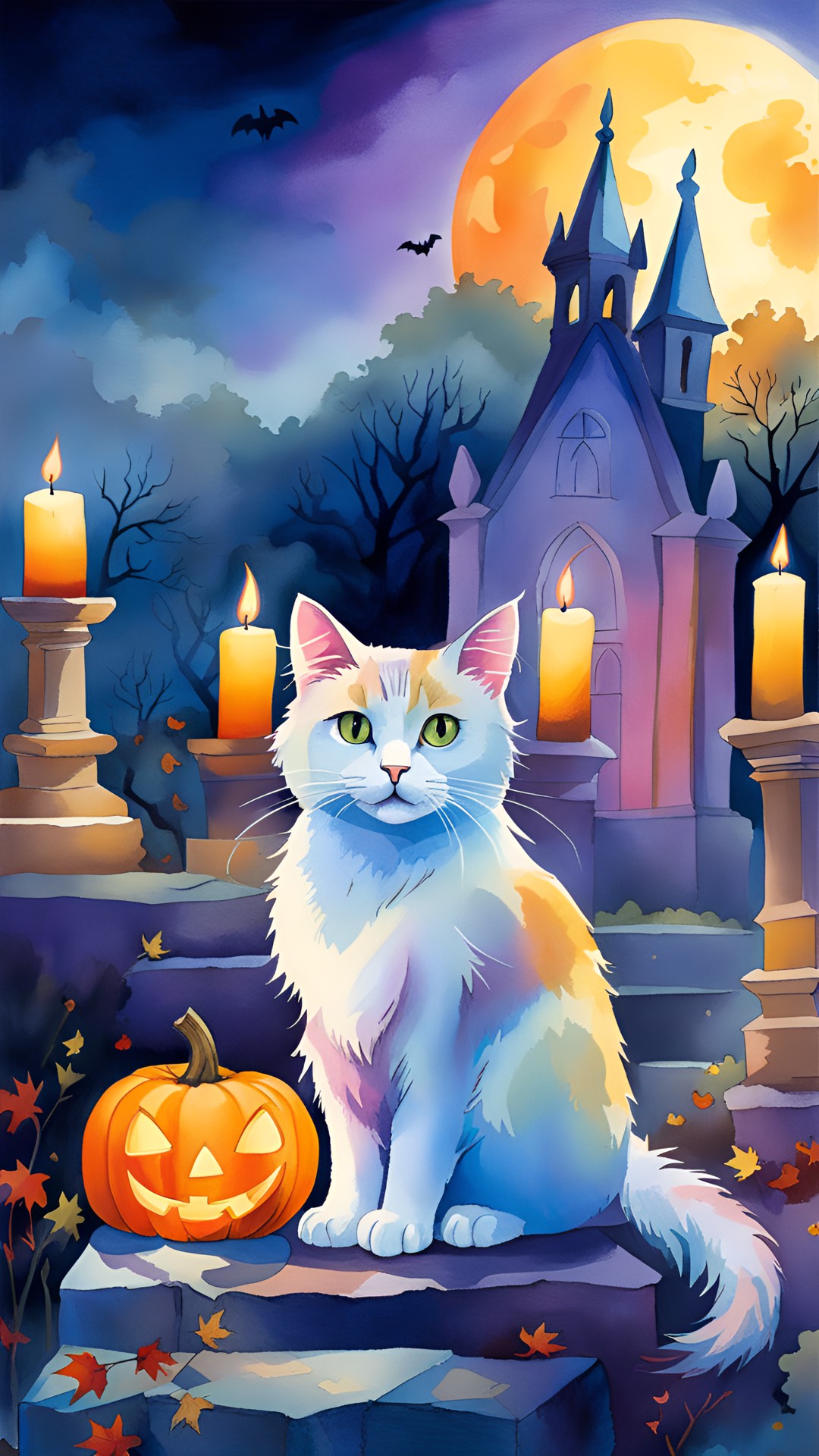 cute fluffy cat in a graveyard, halloween aesthetic, spellbooks, landscape, spooky candles, full moon, haunted, super detailed, hyper realistic, 8k --ar 3:5 preview