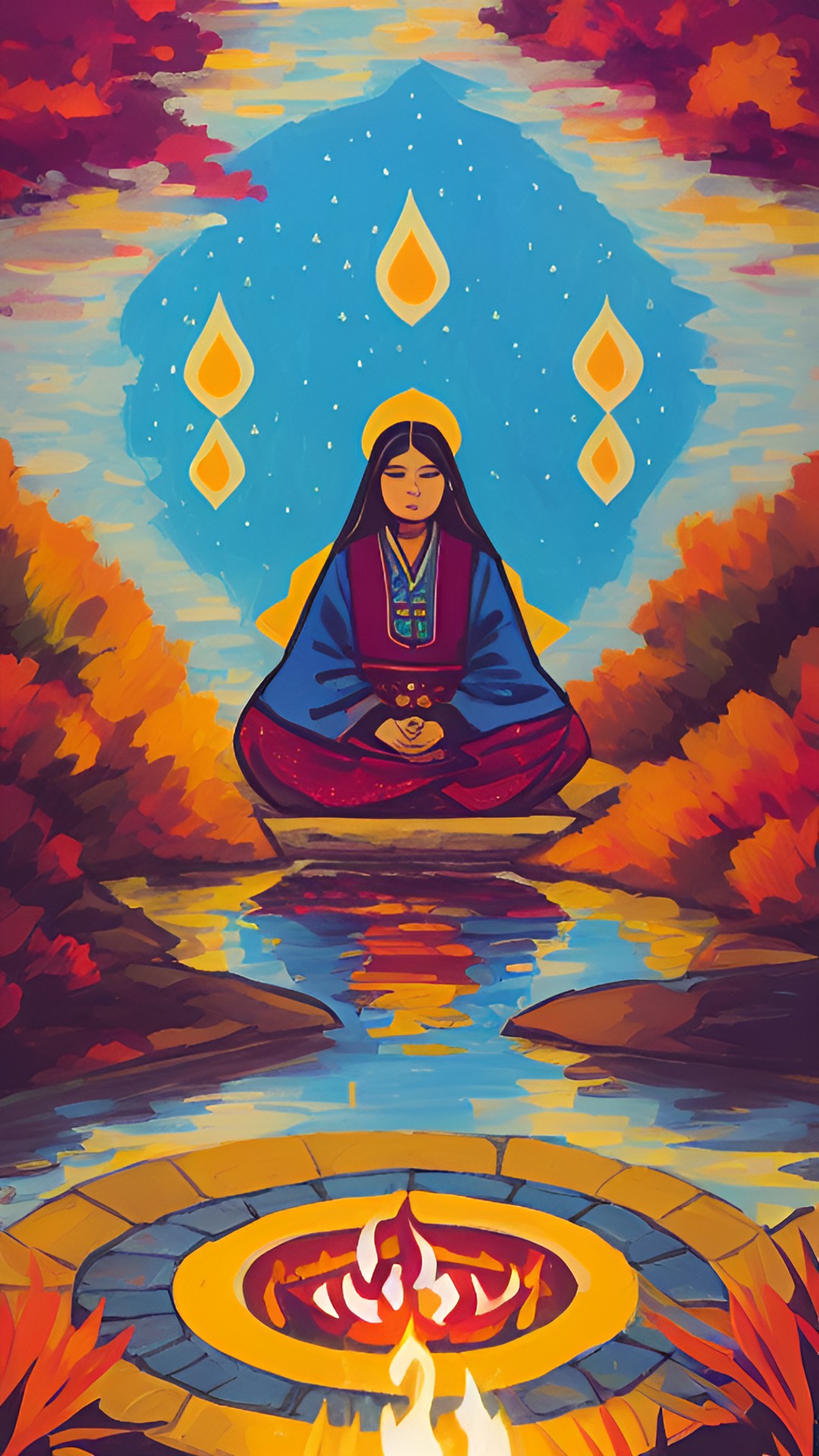 woman sitting peaceful near a fire lake preview