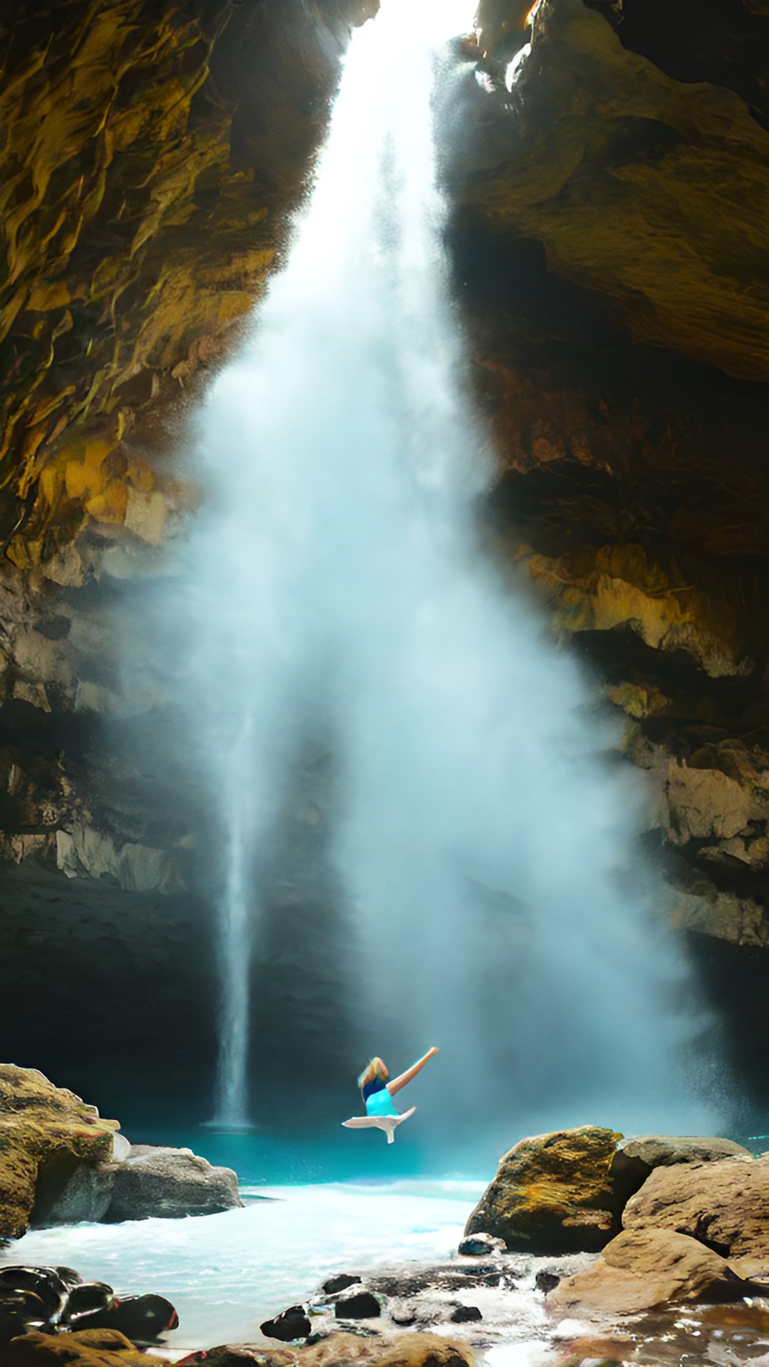 woman calmly abiding in shallow cave behind a waterfall, seen through gap in water and cave preview