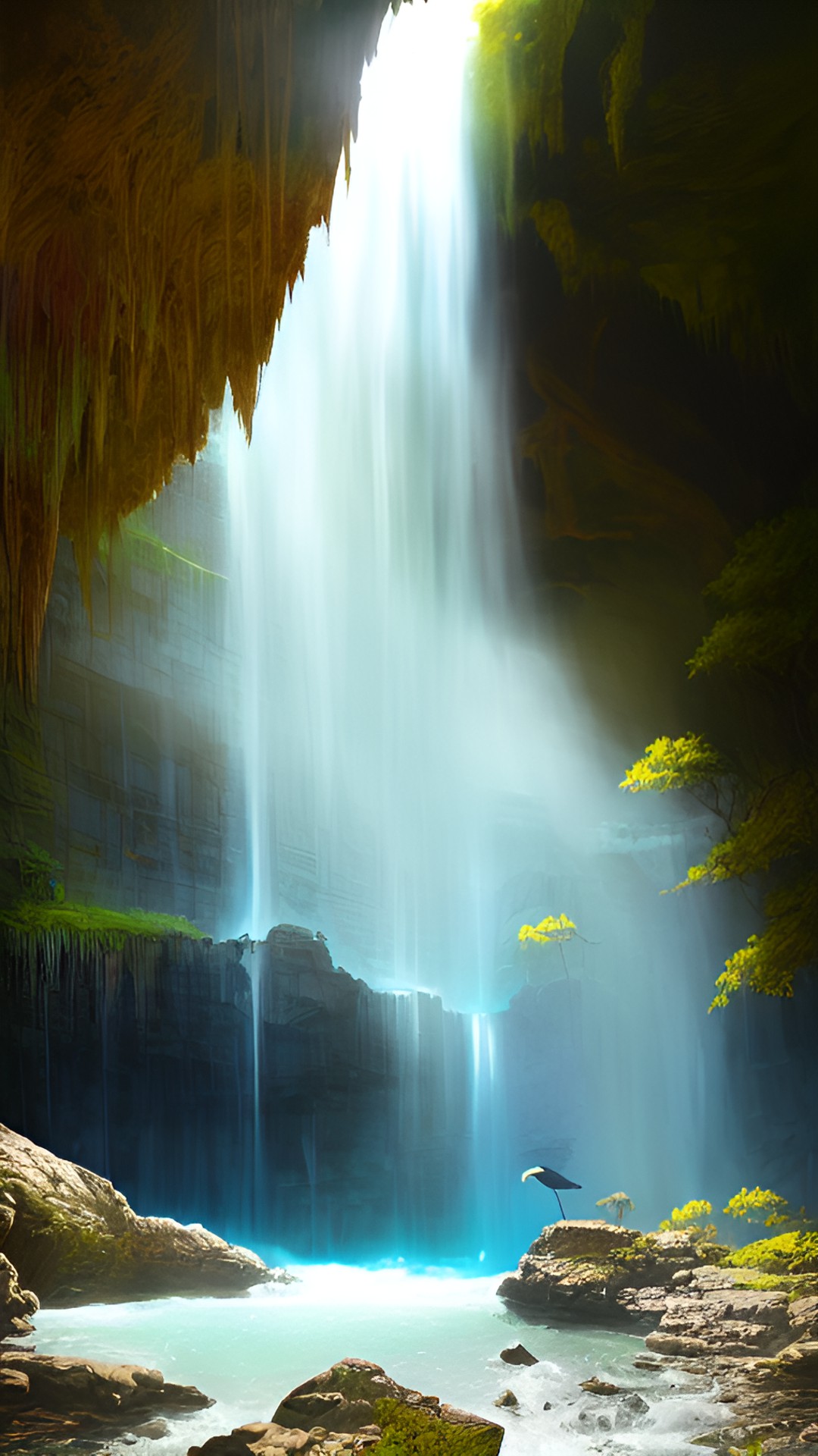 blue heron calmly abiding in shallow cave behind a waterfall, seen through gap in water and cave preview