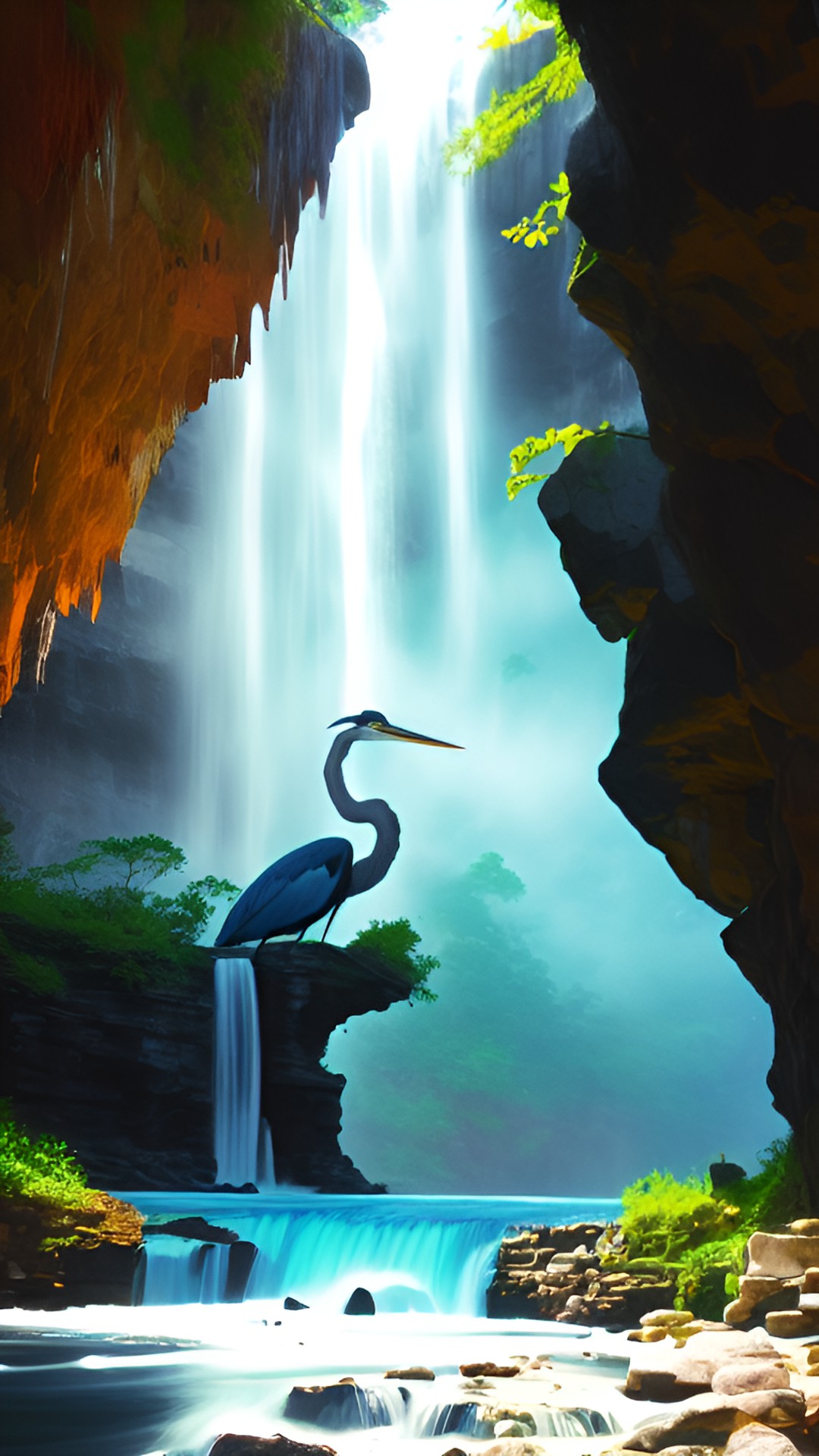 blue heron, waterfall, cave preview