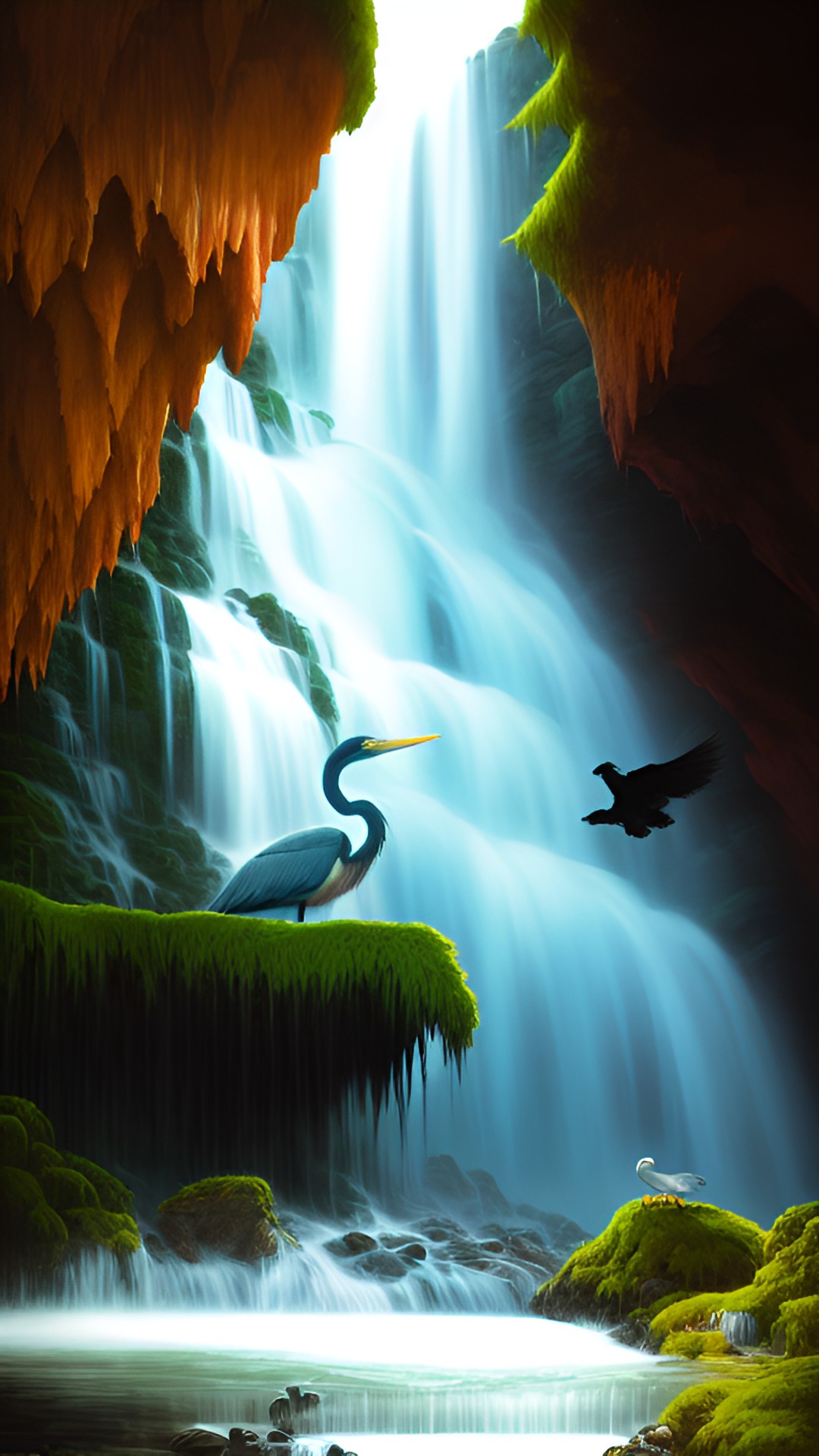 Black Smudge - lie heron, waterfall, cave, moss preview