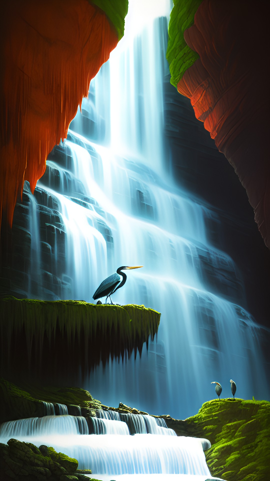 Grand Waterfall - blue heron, waterfall, cave, crow preview