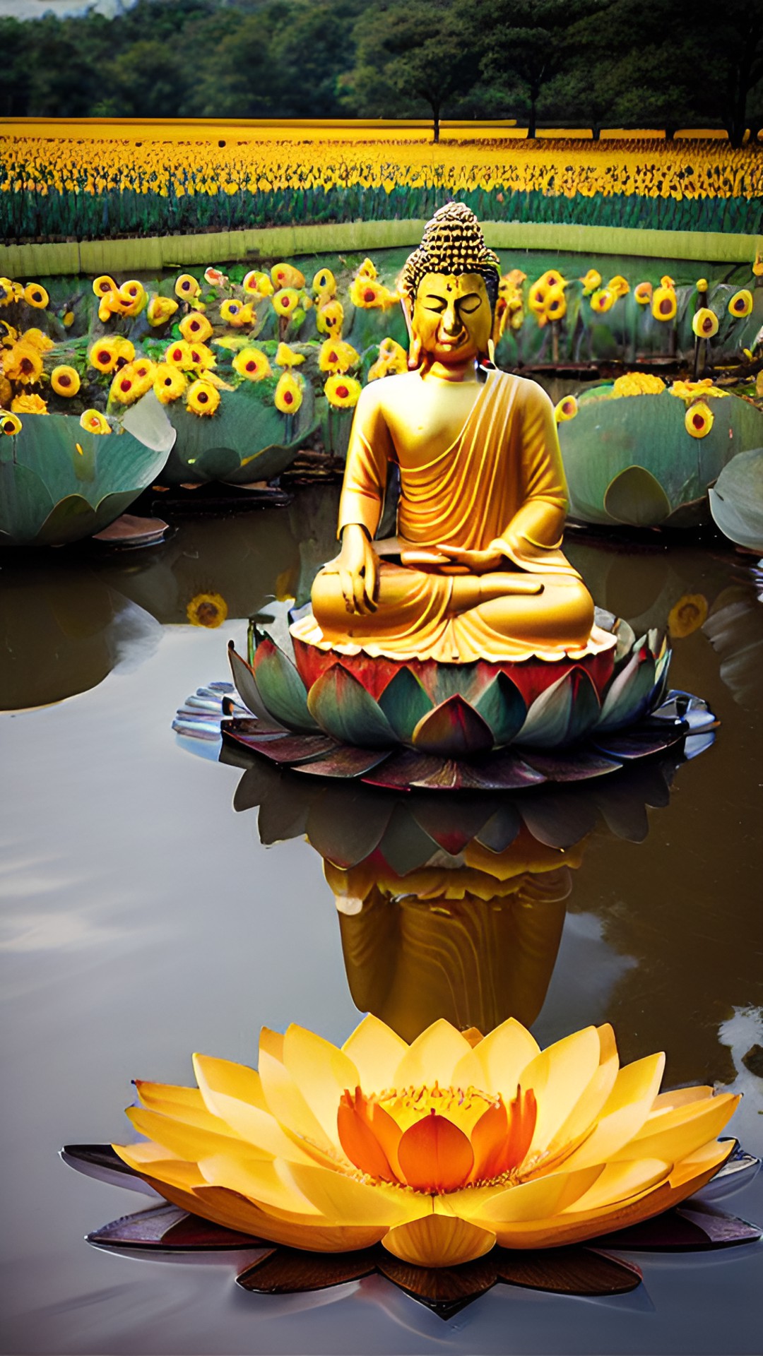 buddha sitting on a giant lotus flower, with orange robes, meditating, sunflowers all around,  realistic style preview