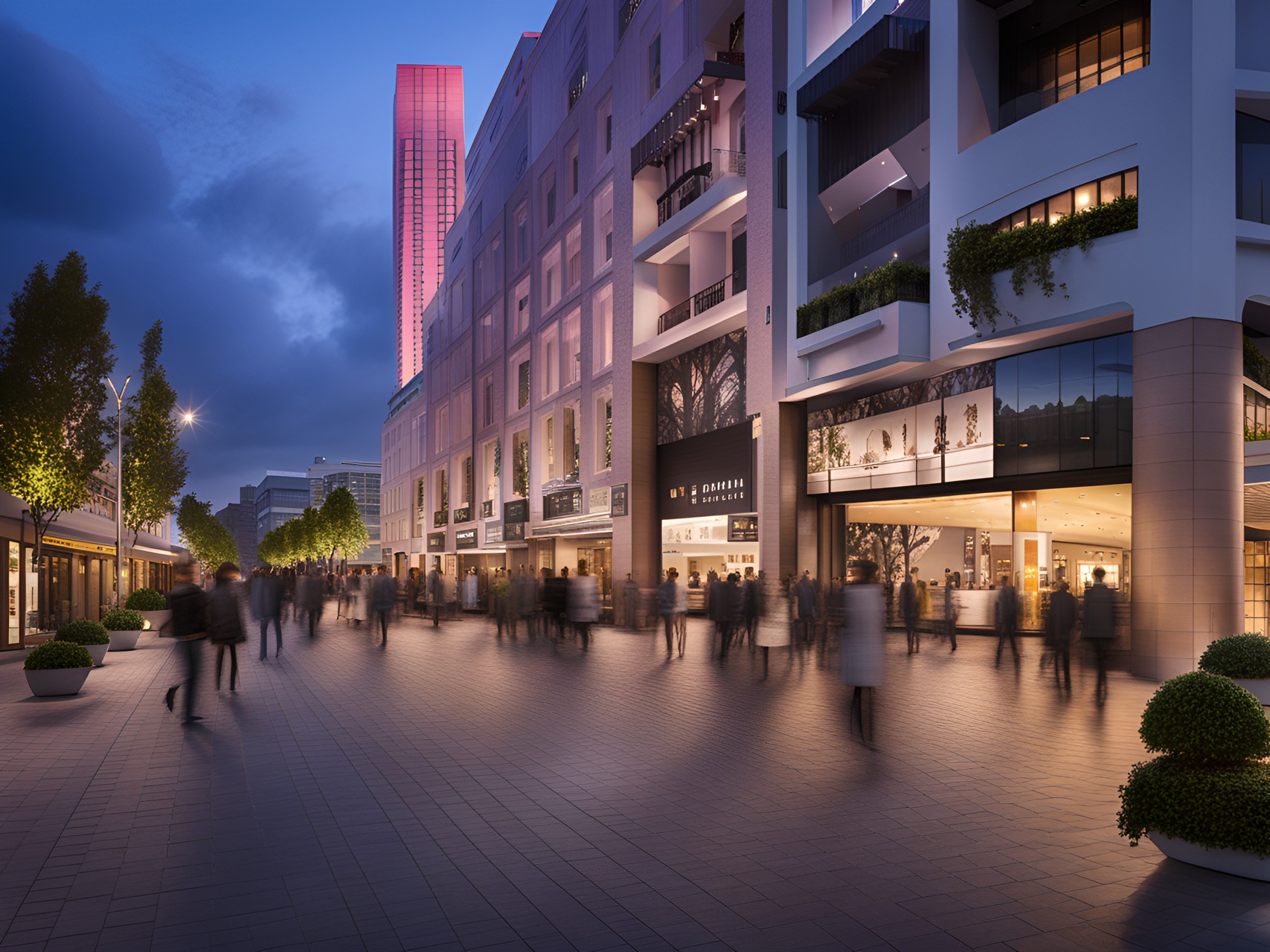 Pedestrian street - twilight, modern cosmopolitan city, main pedestrian street preview