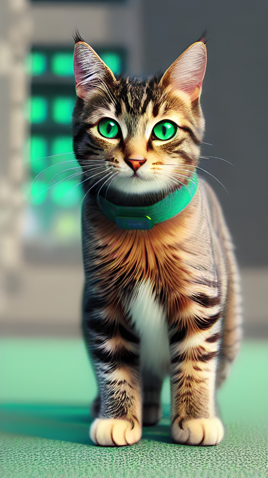 a tabby cat with green eyes, staring a the moon shaped as a cat. preview