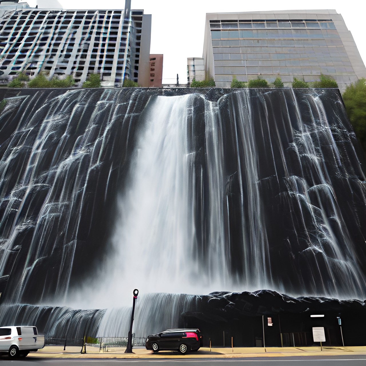 side of a building downtown with a giant black and white mural of a cave waterfall preview