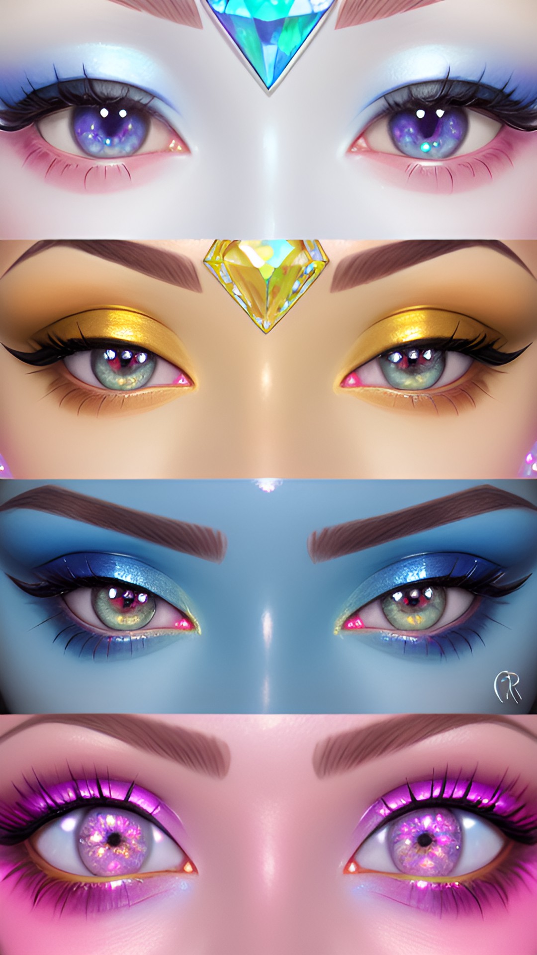 hyper glossy gorgeous hyperdetailed diamond eyes portrait ulra-render steven universe character, diamond shaped pupils,  glittering make up, glossy eyes, shading, hyper glossy highlights, soft shade, bichromia, iridescent preview