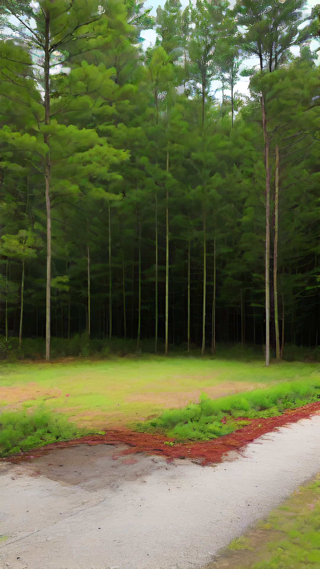 old parking lot that is being reclaimed by trees, left side entirely forest now with a deer looking out preview