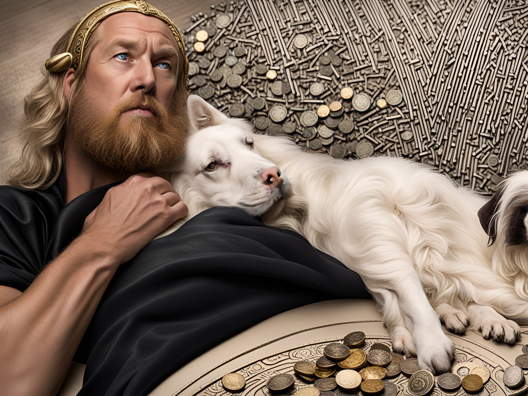 Viking Hesh - viking king and his hound asleep on top of a treasure hoard preview