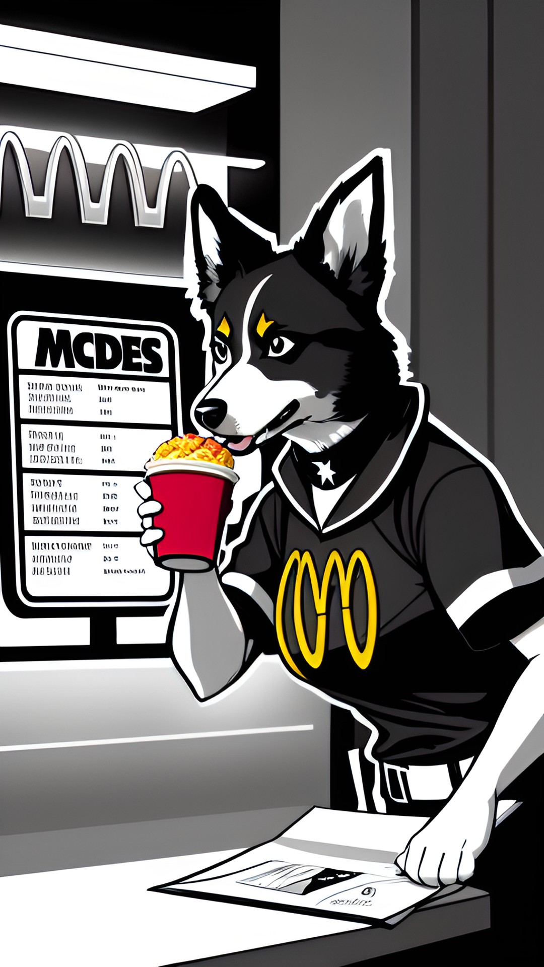 draw a dog woman ordering food from mcdonalds in a dc comic art style, with dramatic lighting angles and lots of shadows preview