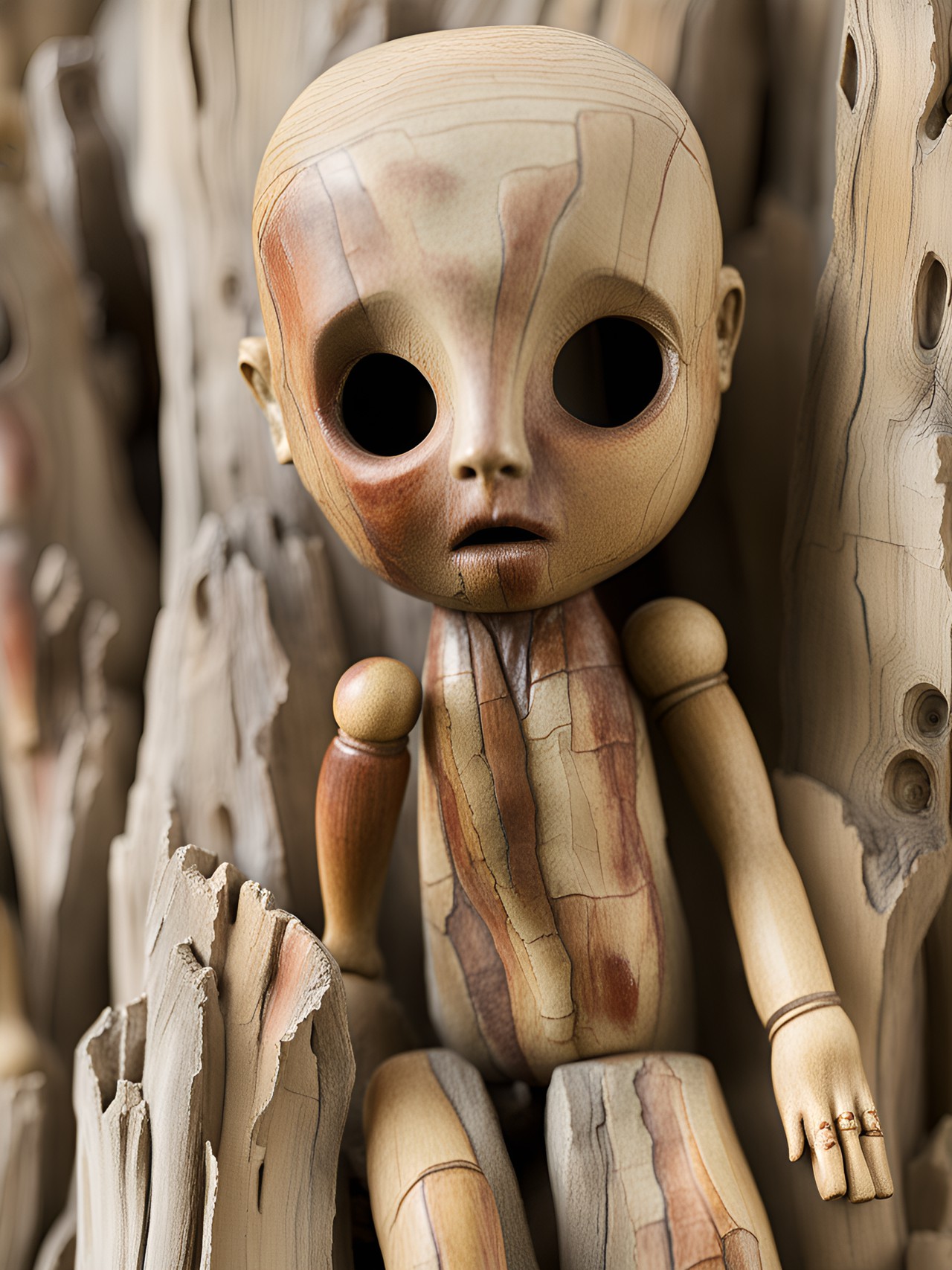 creepy petrified wood doll, hairless, uhd preview