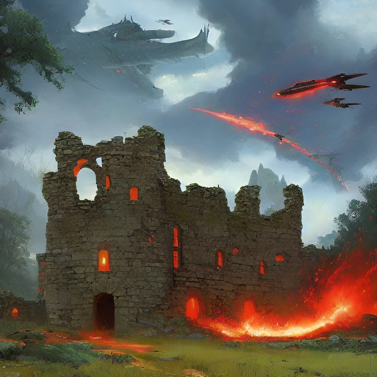 Destruction - ruined castle, dark sky, red dragons flying around, storm preview