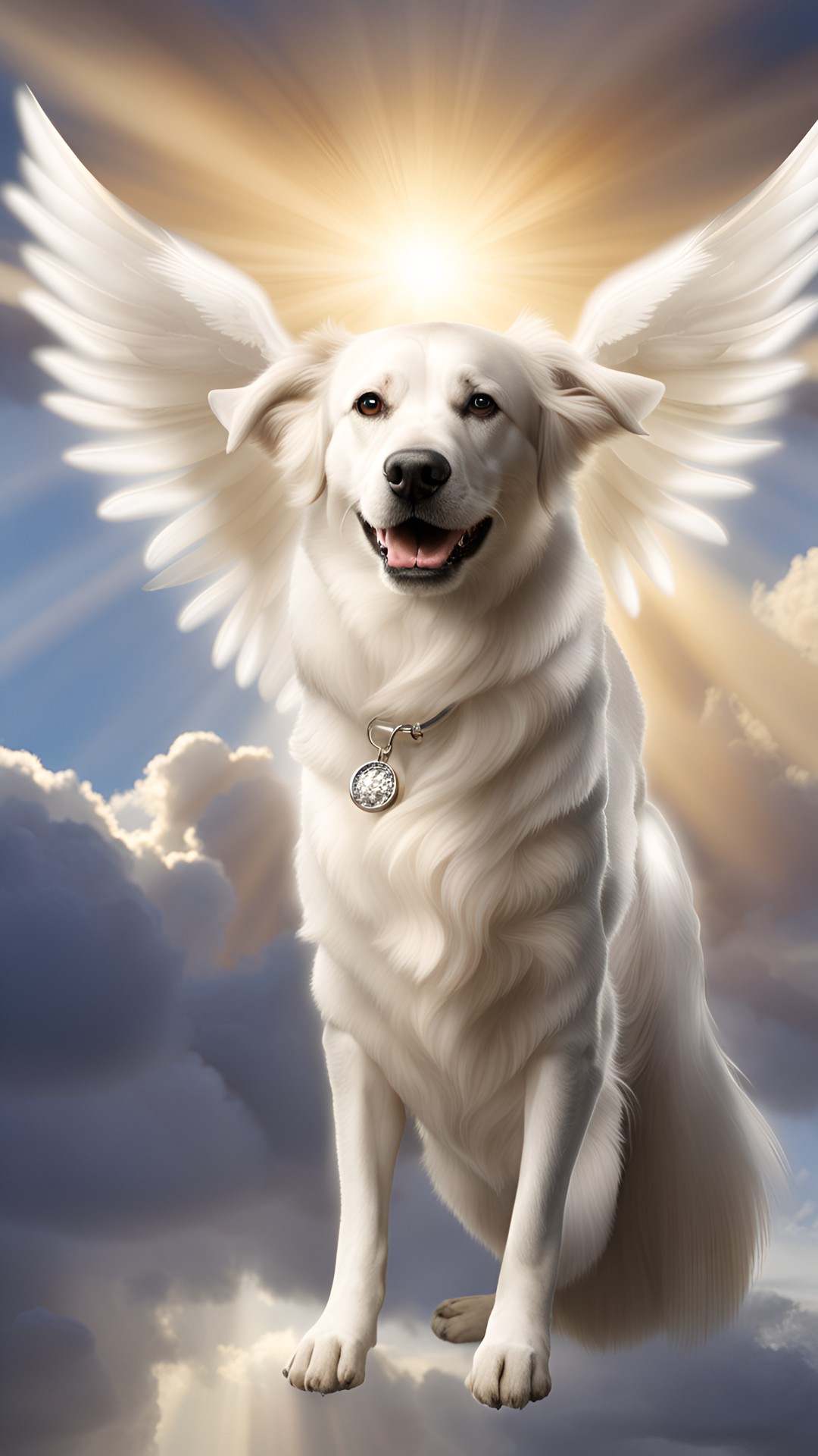 True angel - majestic dog angel with wings of light. she has a halo and a gentle expression. she looks like she is ready to take flight and is stand in clouds with shiny smooth fur preview