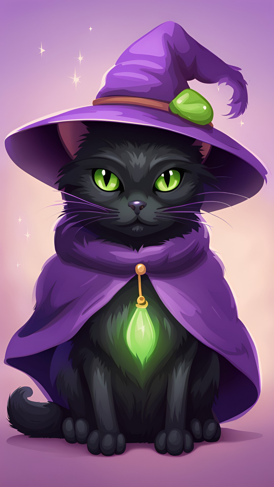 Witch cat - witch cat - a black cat with green eyes, wearing a purple witch hat and cloak. preview