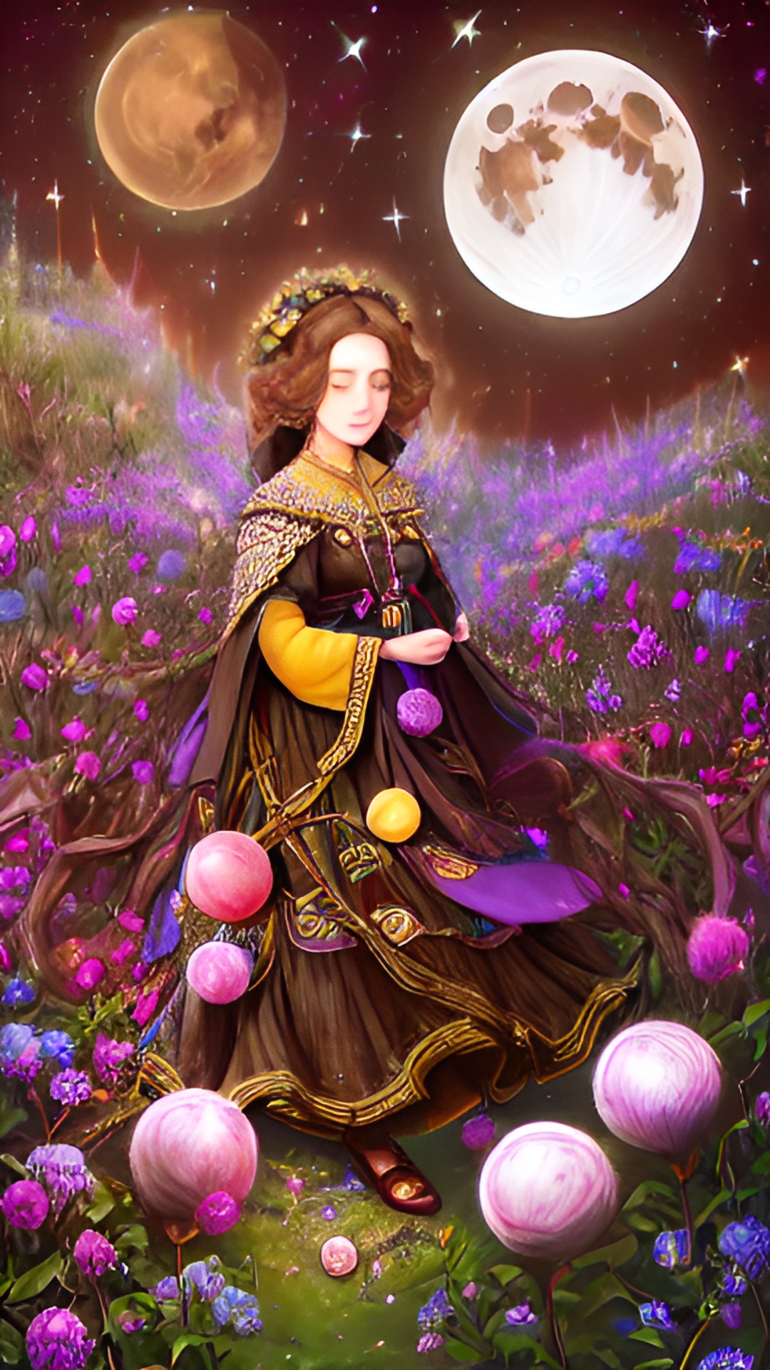 magic, mysticism, a fairy tale, the moon and the sun, roots, infinity, the thread of the earth, a woman weaves threads, threads from a ball of wood, cotton, flowers, high hair grows into roots - a wom preview