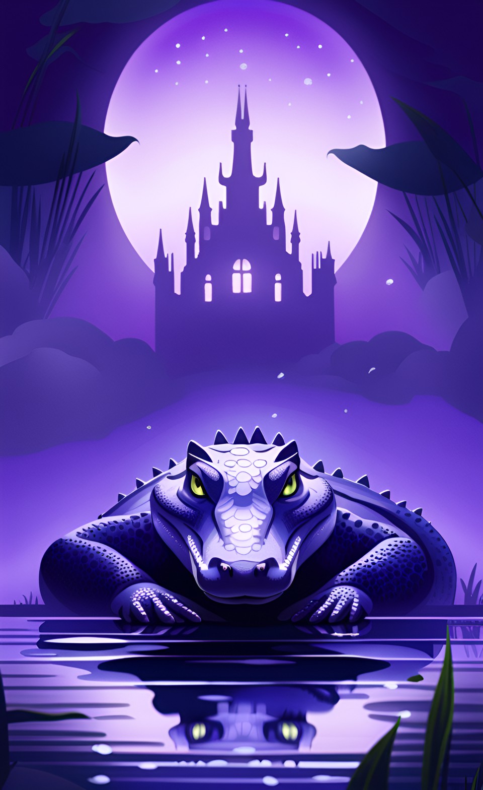 Diamonds, Eyelid, Alligator - an alligator with diamonds on its eyelids with a glimmering scale texture, perched on lily pads in a swamp. foggy purple lighting, shrouded in mist preview