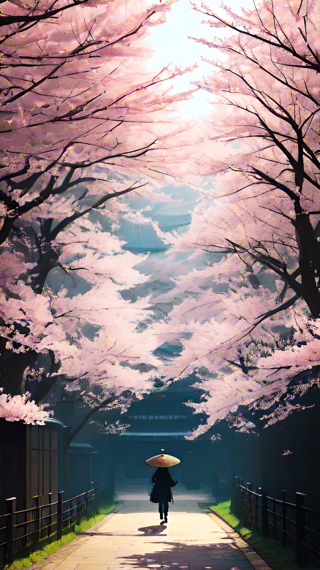 a samurai walking down a path with cherry blossoms either side preview