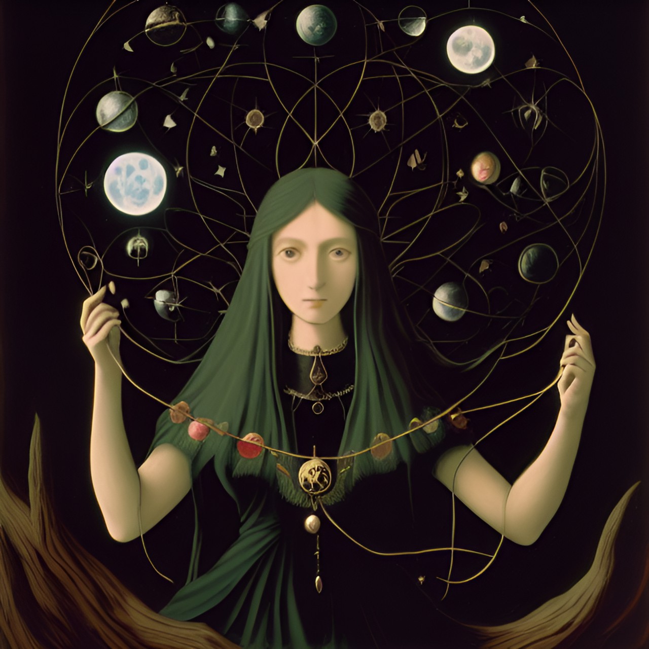 magic, mysticism, a fairy tale, the moon and the sun, roots, infinity, the thread of the earth, a woman weaves threads, threads from a ball of wood, cotton, flowers, high hair grows into roots - a wom preview