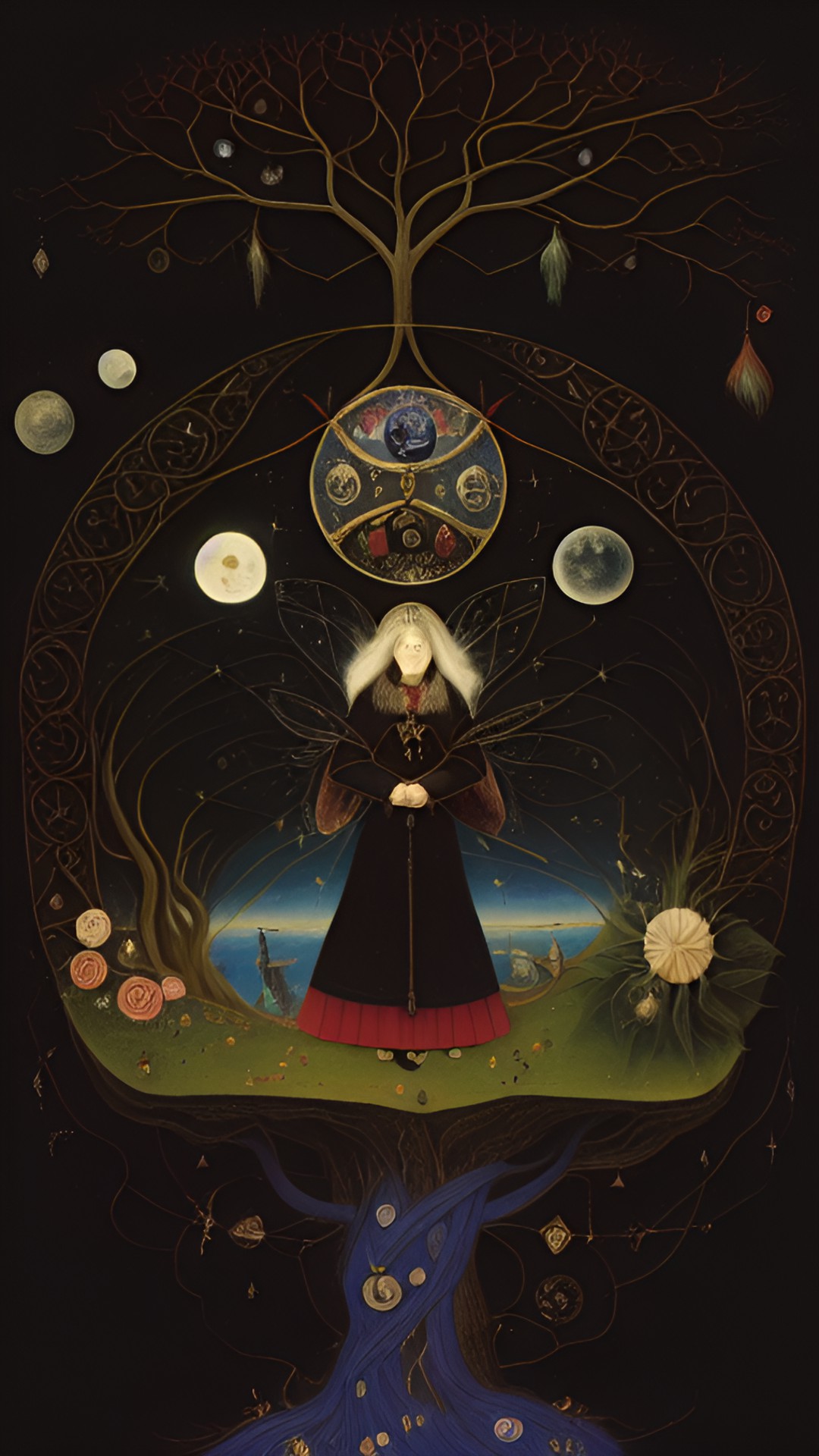 magic, mysticism, a fairy tale, the moon and the sun, roots, infinity, the thread of the earth, a woman weaves threads, threads from a ball of wood, cotton, flowers, high hair grows into roots - a wom preview