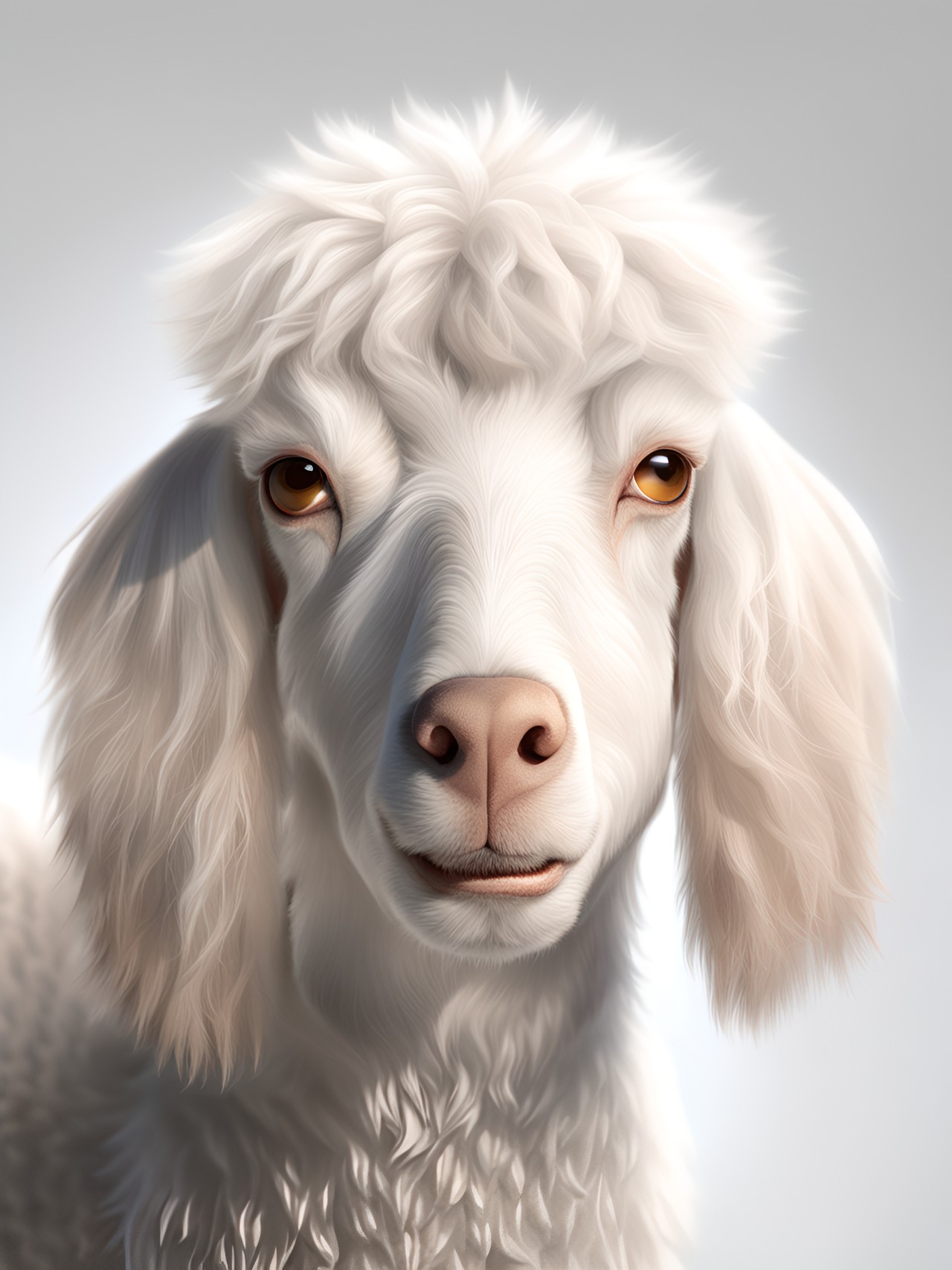 mule poodle goat, realistic, uhd, 8k, high key lighting preview