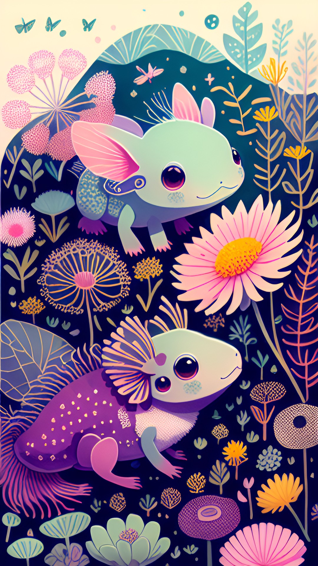 cute axolotl playing with fluffy dandelions and detailed curlyque dragonflies among fancy flowers preview