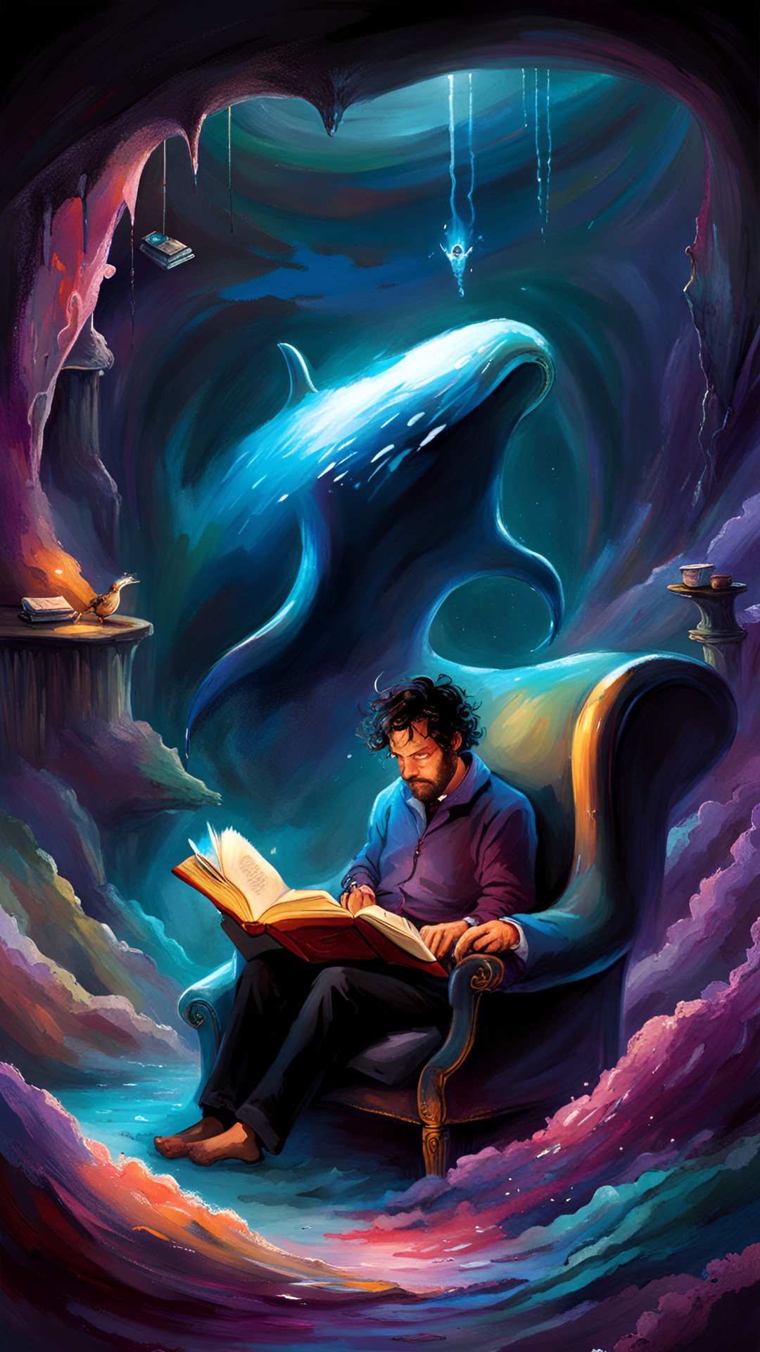 Jon in a Dream Realm - cave with organic flesh walls because it’s a whales stomache, jonas inside whale and reading a book while sitting in a chair he found, wet preview