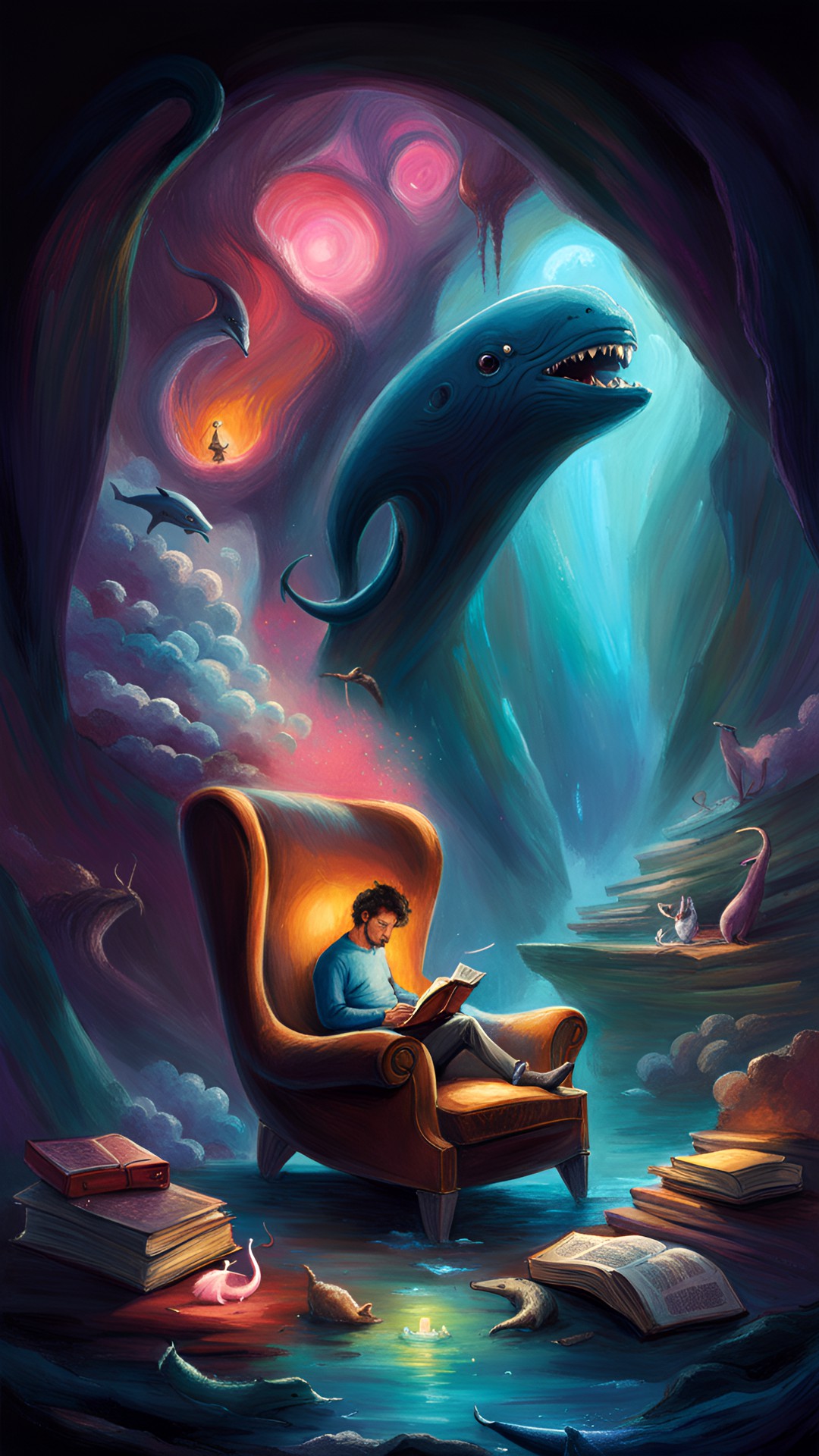 Jonas w/Sacred Book - cave with organic flesh walls because it’s a whale’s stomache, jonas inside whale and reading a book while sitting in a chair he found, wet, collective unconscious, dream logic preview