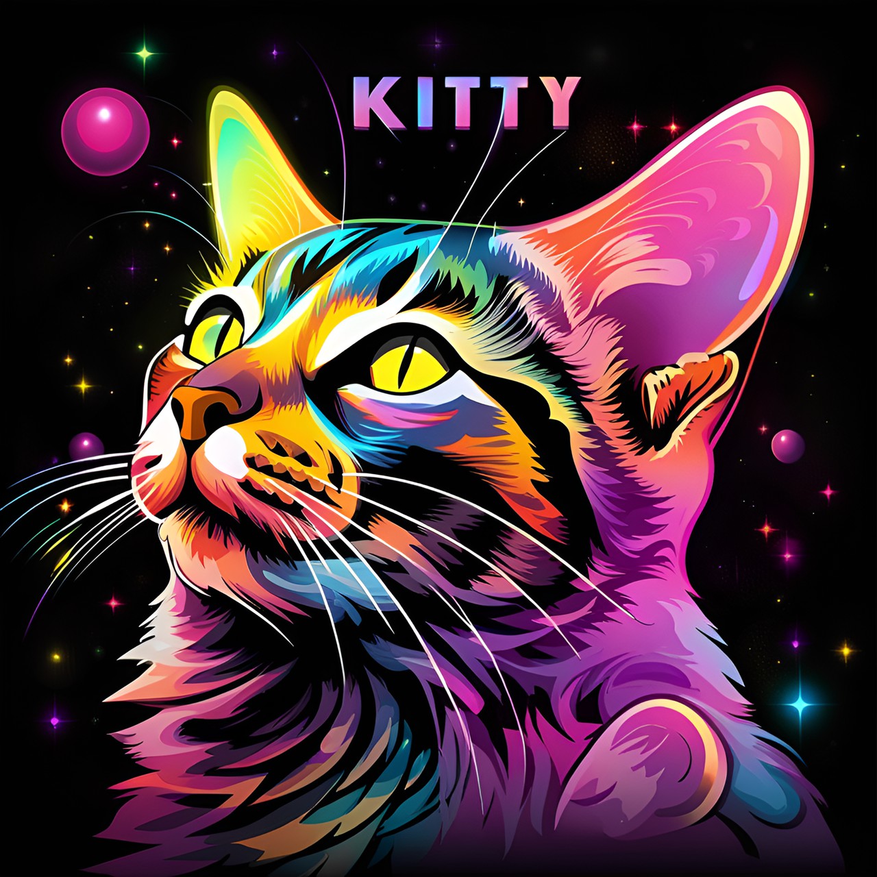 a tabby cat, with pink and yellow multi coloured bat wing’s, at the very bottom of the art it says kitty preview