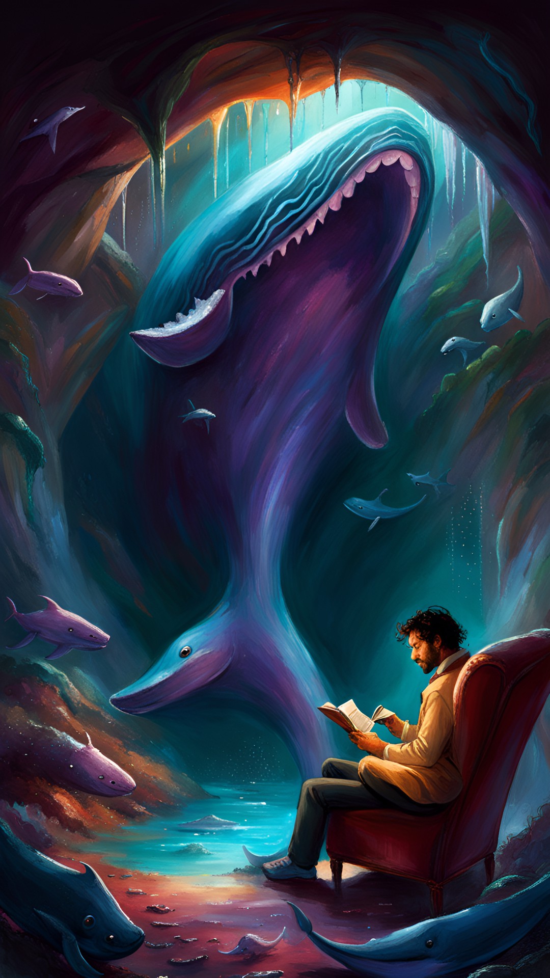 Jonas Partly Eaten - cave with organic flesh walls because it’s a whales stomache, jonas inside whale and reading a book while sitting in a chair he found, wet preview