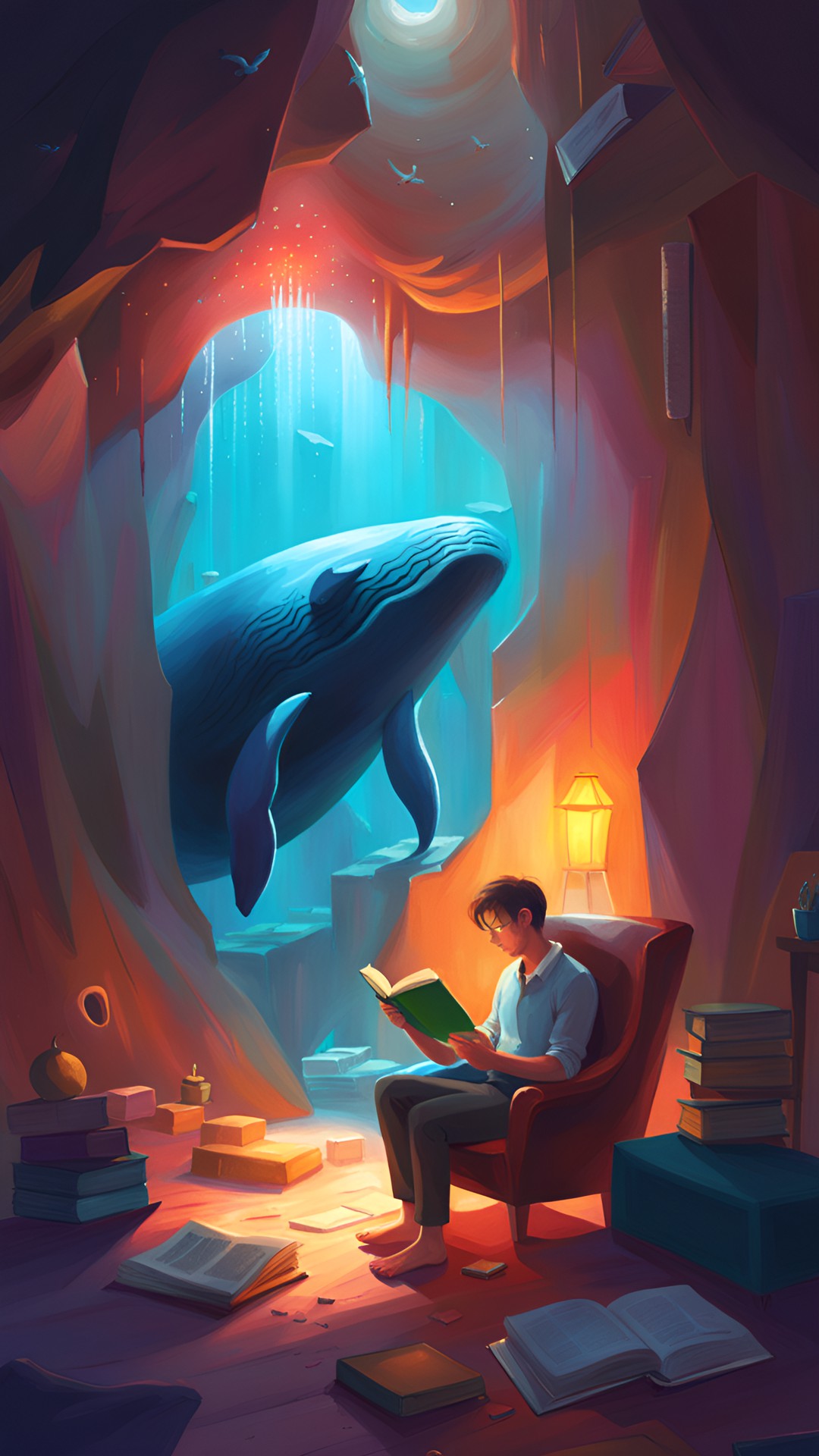 Jonah and his Whale - cave with organic flesh walls because it’s a whale’s stomache, jonas inside whale and reading a book while sitting in a chair he found, wet, collective unconscious, dream logic preview