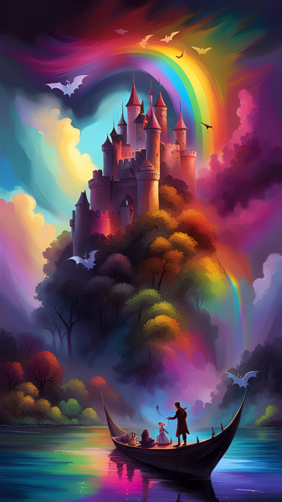 bats clouds rainbow castle river night preview