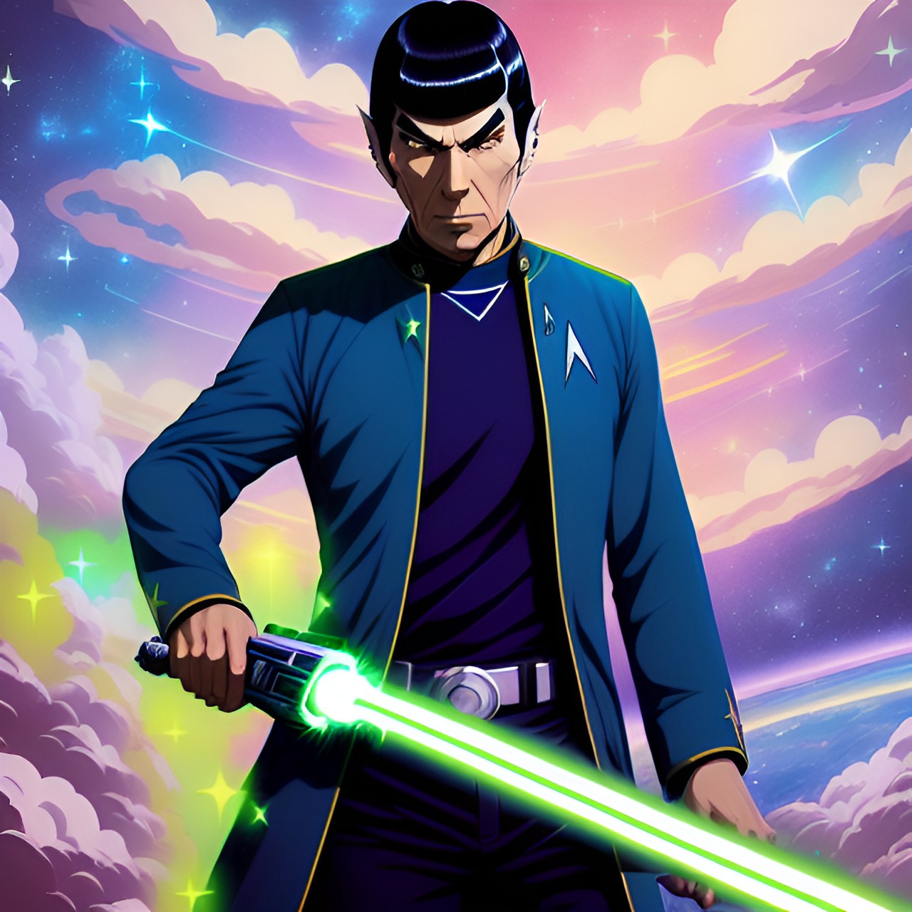 Highly illogical - 3d rendering, retro,soft focus, spock, pointy ears, blue star trek shirt, wielding a green lightsaber, in space, dark, stars, anime preview