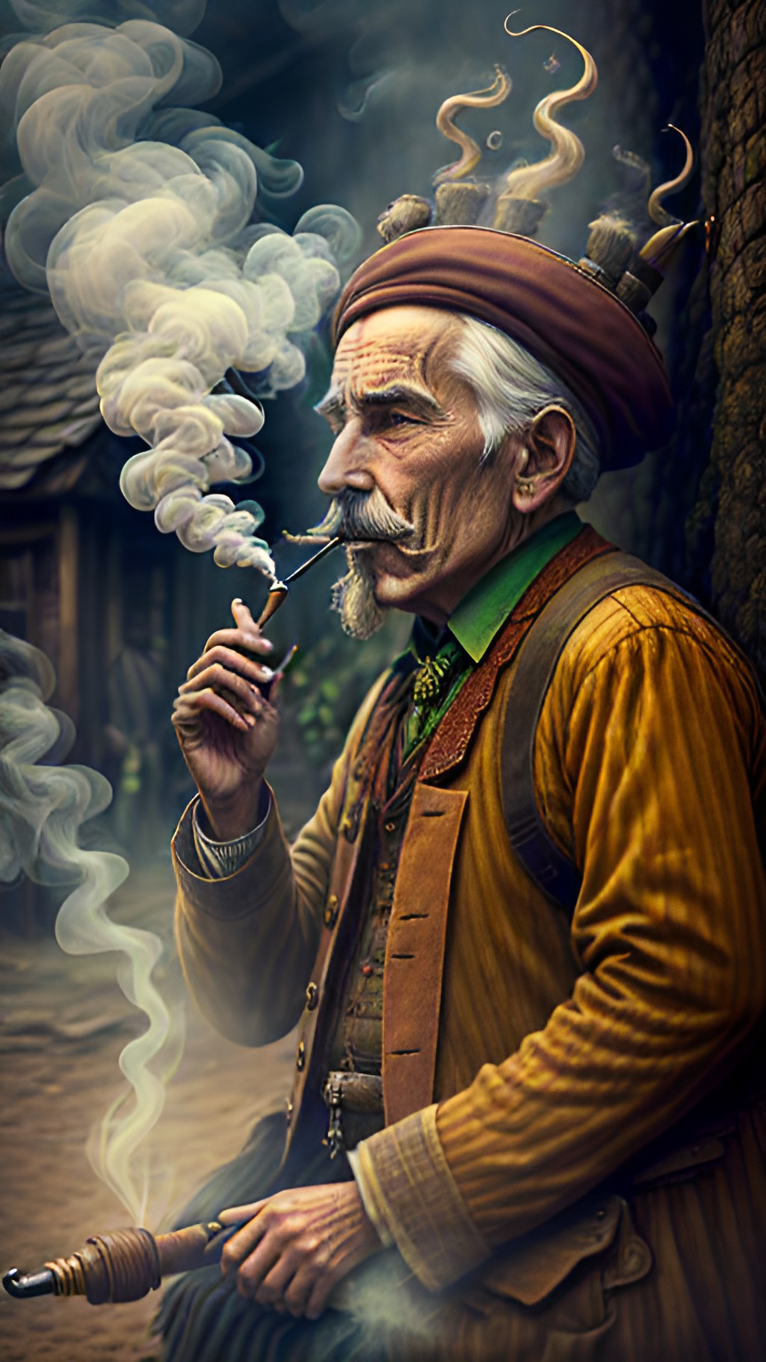 a root man smokes a pipe, smoke comes out of his ears preview