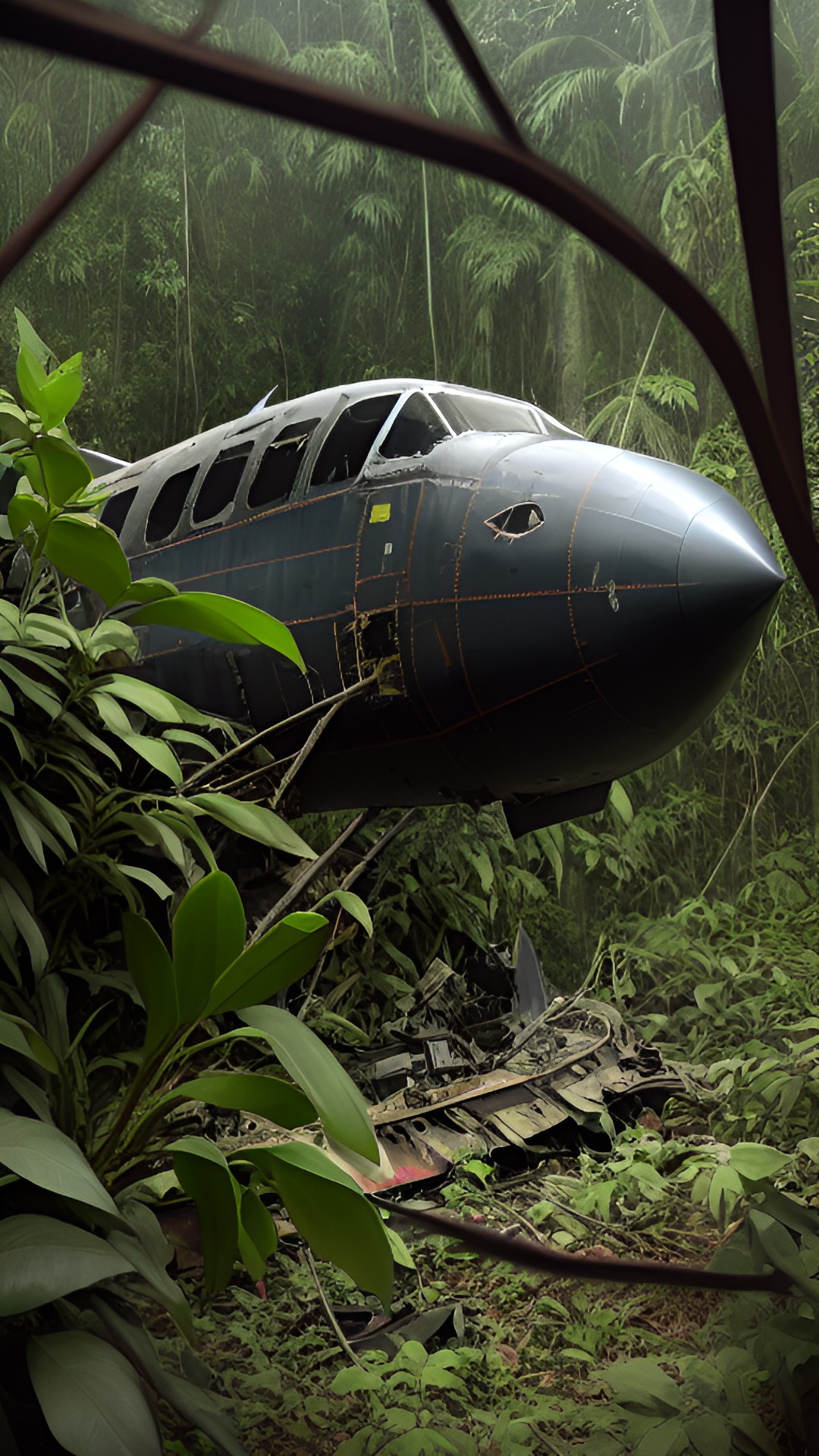 cinematic tenebrism chiaroscuro wrecked airplane in jungle preview