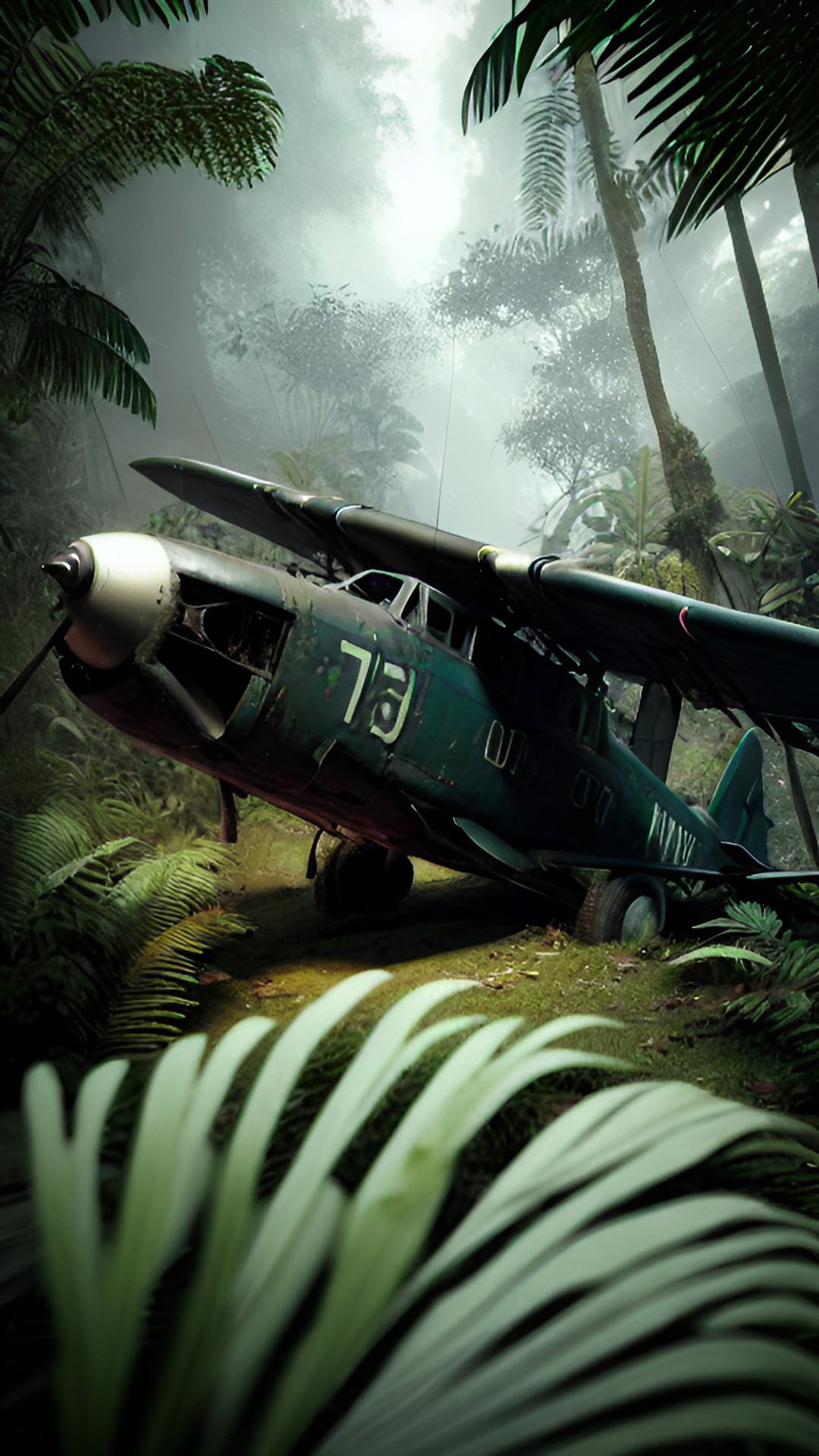 cinematic tenebrism chiaroscuro wrecked airplane in jungle preview