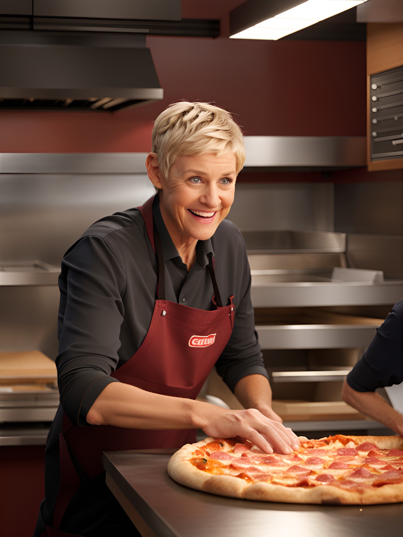 ellen degeneres working at a pizza shop, realistic, uhd, 8k preview