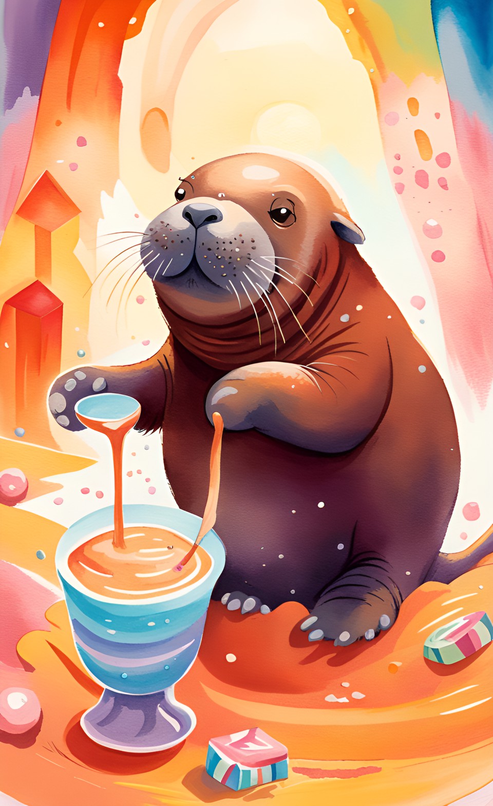 Walrus, Chocolate Milk, Altar - a whimsical scene in which a tiny, playful walrus joyfully splashes chocolate milk around an enchanted altar. matte orange lighting, fairytale illustration preview