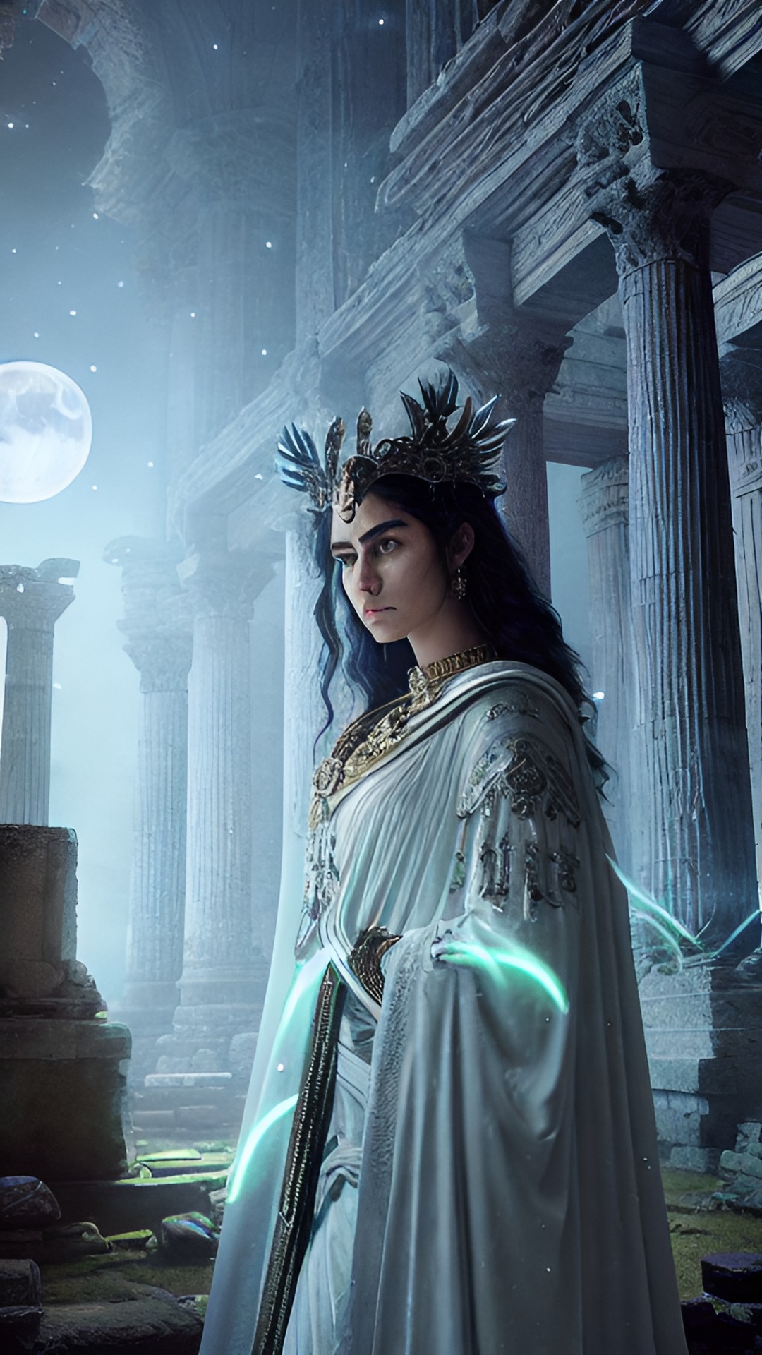 in the soft glow of the moonlight, a priestess of the moon stands amidst ancient ruins, her face is serene and she has large, dark eyes. her ethereal robe adorned with shimmering lunar symbols. her hands gracefully hold a celestial staff emitting a gentle glow. preview