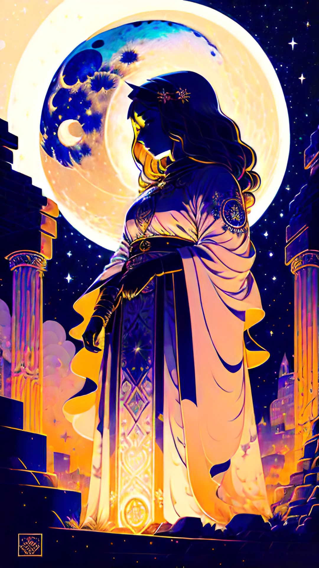 in the soft glow of the moonlight, a priestess of the moon stands amidst ancient ruins, her face is serene and she has large, dark eyes. her ethereal robe adorned with shimmering lunar symbols. her hands gracefully hold a celestial staff emitting a gentle glow. preview