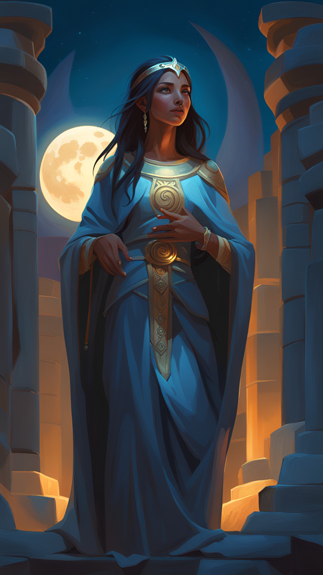 in the soft glow of the moonlight, a priestess of the moon stands amidst ancient ruins, her face is serene and she has large, dark eyes. her ethereal robe adorned with shimmering lunar symbols. her hands gracefully hold a celestial staff emitting a gentle glow. preview