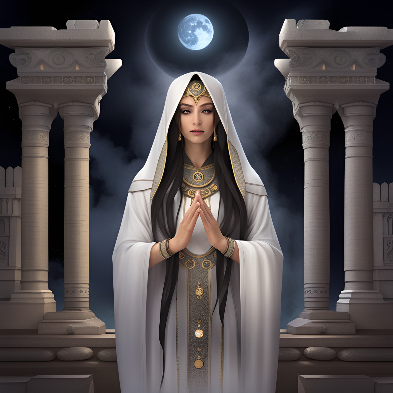 in the soft glow of the moonlight, a priestess of the moon stands amidst ancient ruins, her face is serene and she has large, dark eyes. her ethereal robe adorned with shimmering lunar symbols. her hands are gracefully held together in prayer preview