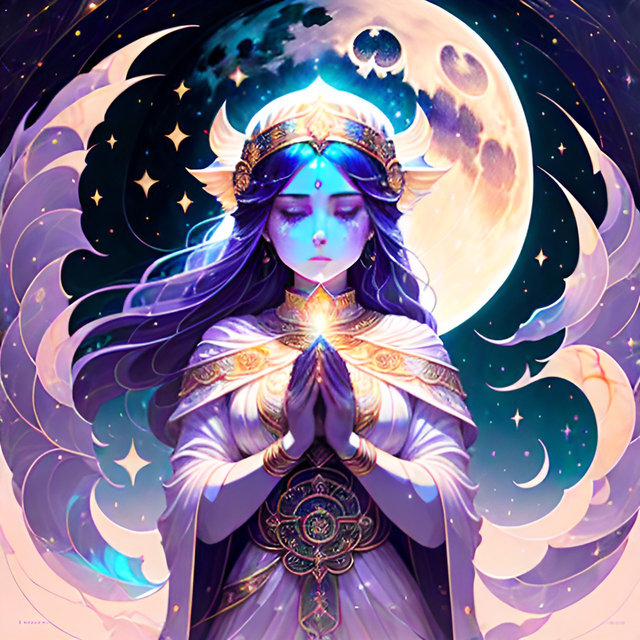 in the soft glow of the moonlight, a priestess of the moon stands amidst ancient ruins, her face is serene and she has large, dark eyes. her ethereal robe adorned with shimmering lunar symbols. her hands are gracefully held together in prayer preview