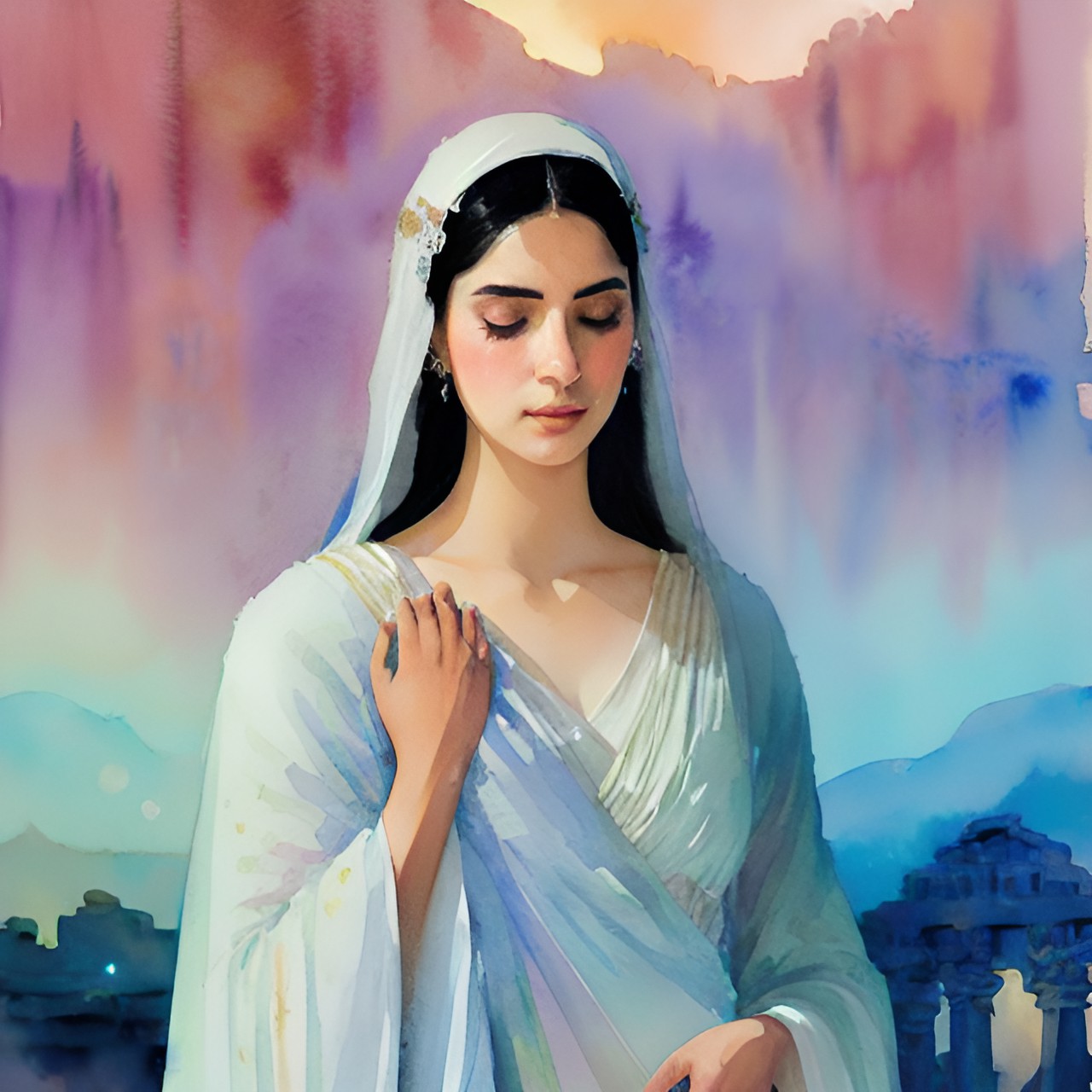 in the soft glow of the moonlight, a priestess of the moon stands amidst ancient ruins, her face is serene and she has large, dark eyes. her ethereal robe adorned with shimmering lunar symbols. her hands are gracefully held together in prayer preview