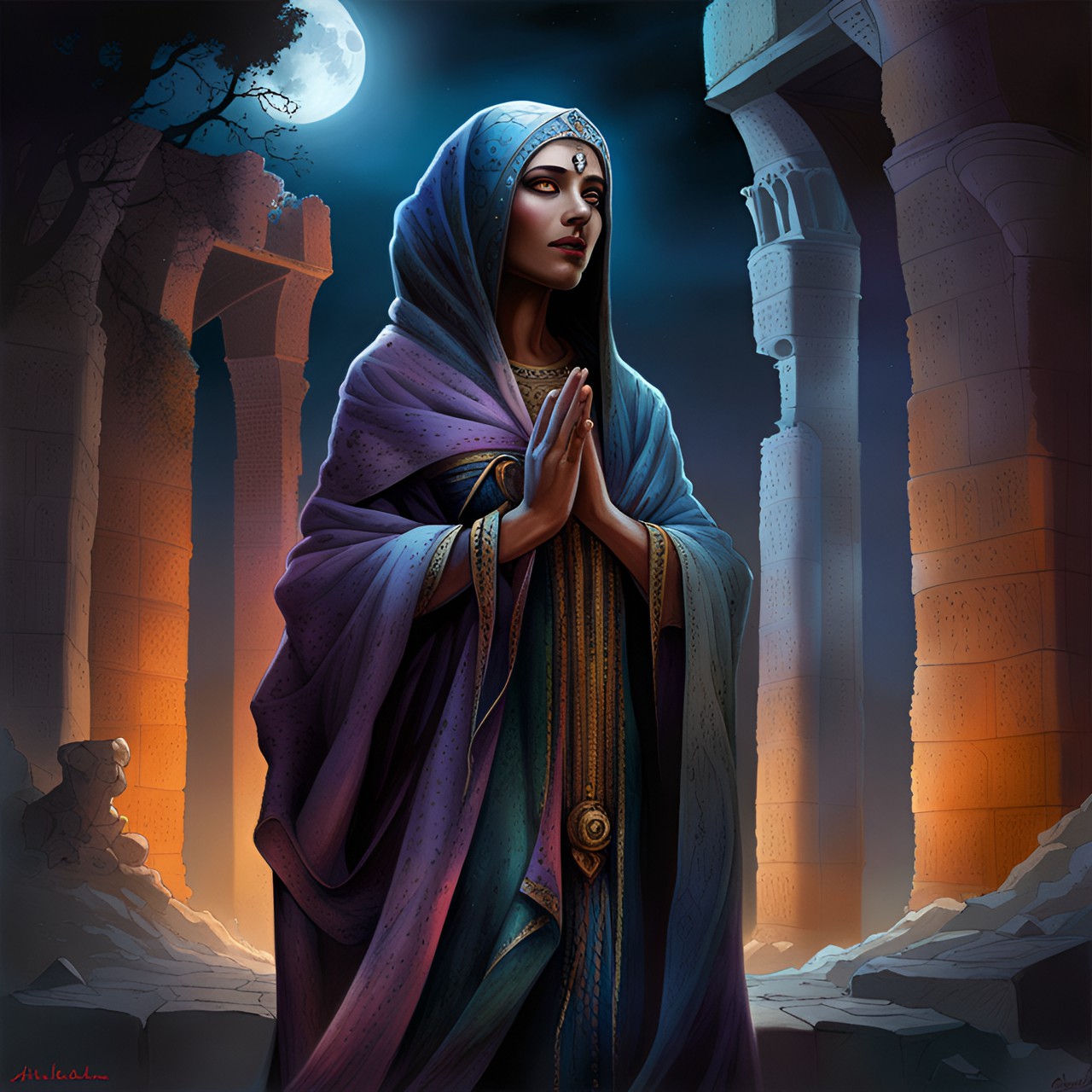 in the soft glow of the moonlight, a priestess of the moon stands amidst ancient ruins, her face is serene and she has large, dark eyes. her ethereal robe adorned with shimmering lunar symbols. her hands are gracefully held together in prayer preview